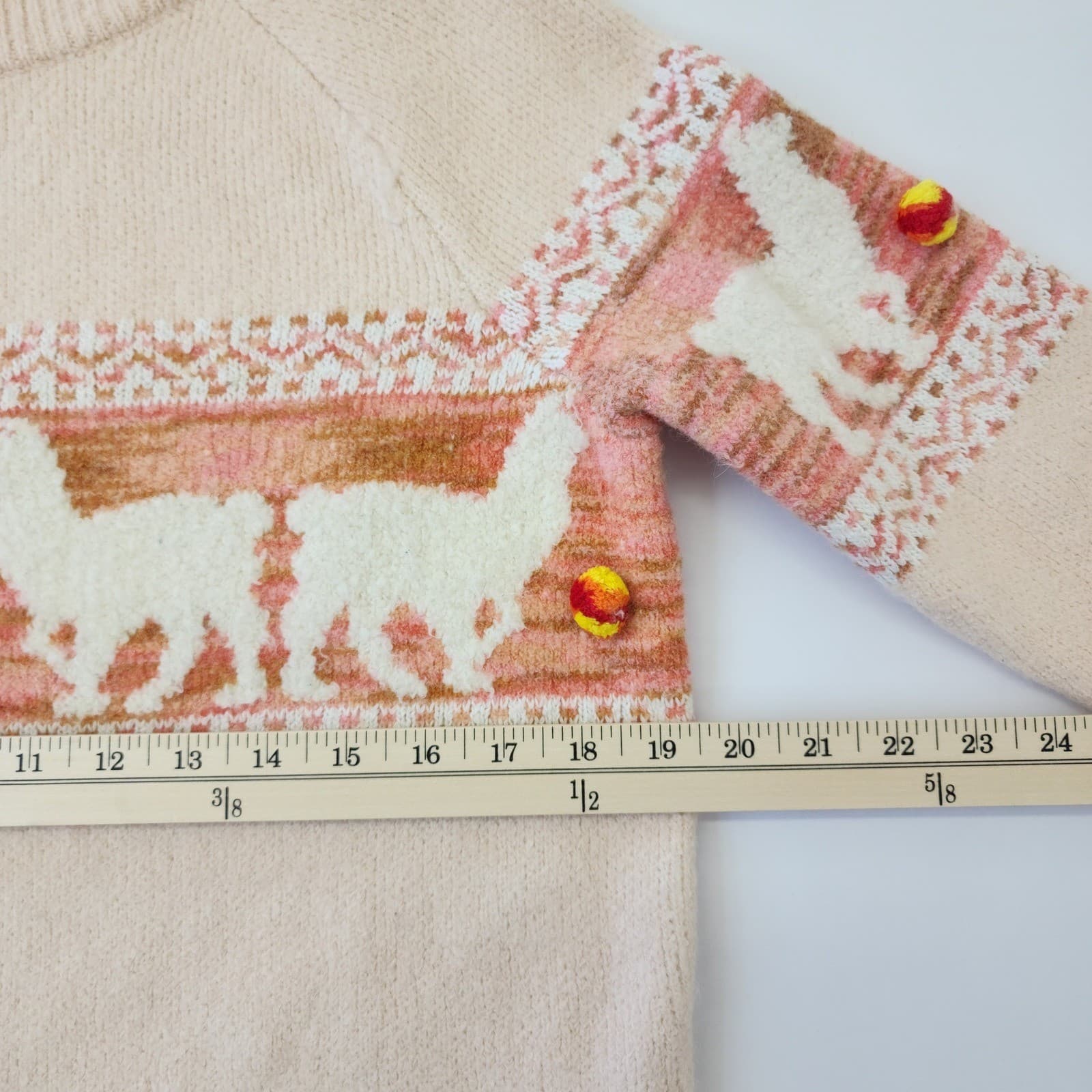 Anthropologie Llama Intarsia Mock Neck Sweater Cream Pink Pom Pom Womens Small - Thumbnail 3