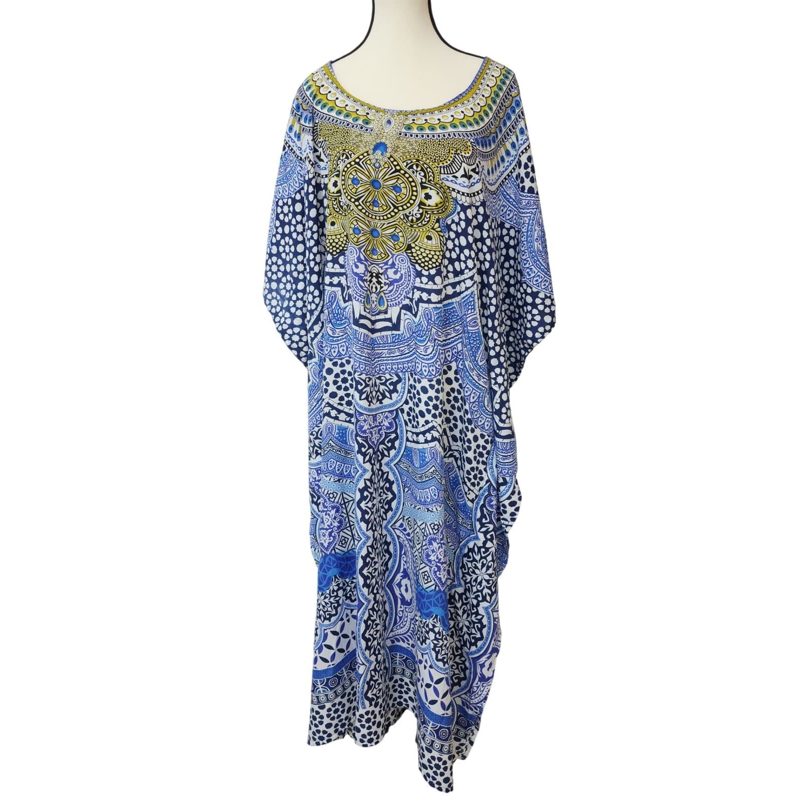 Miss Lavish London Kaftan Dress Blue White Paisley Geometric ONE SIZE Boho.
