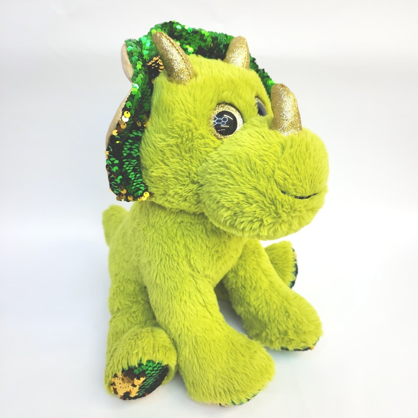 Green Triceratops Dinosaur Plush Sequin Frill Gold Horns Stuffed Animal 14 Inch - Thumbnail 7