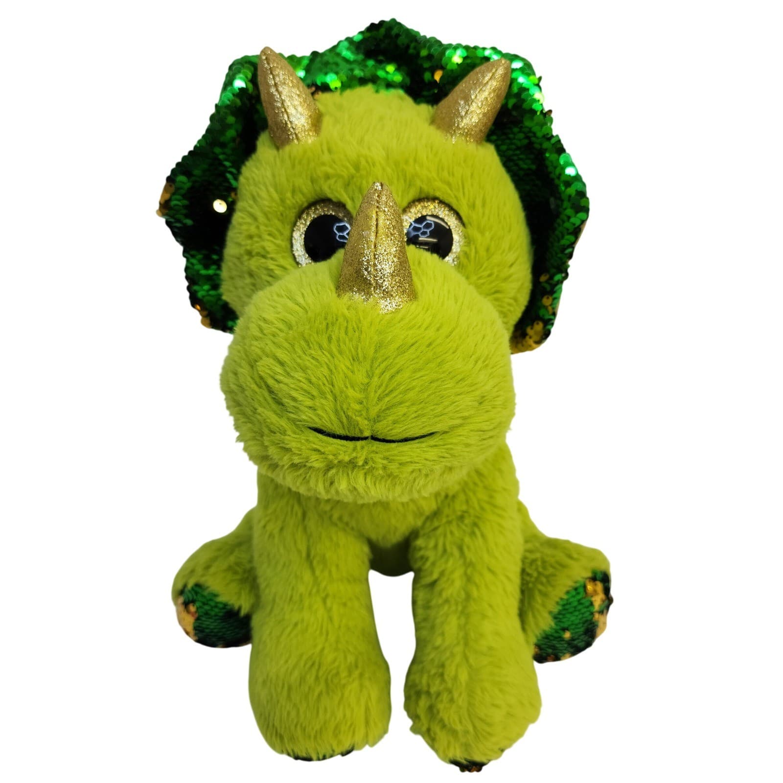 Green Triceratops Dinosaur Plush Sequin Frill Gold Horns Stuffed Animal 14 Inch