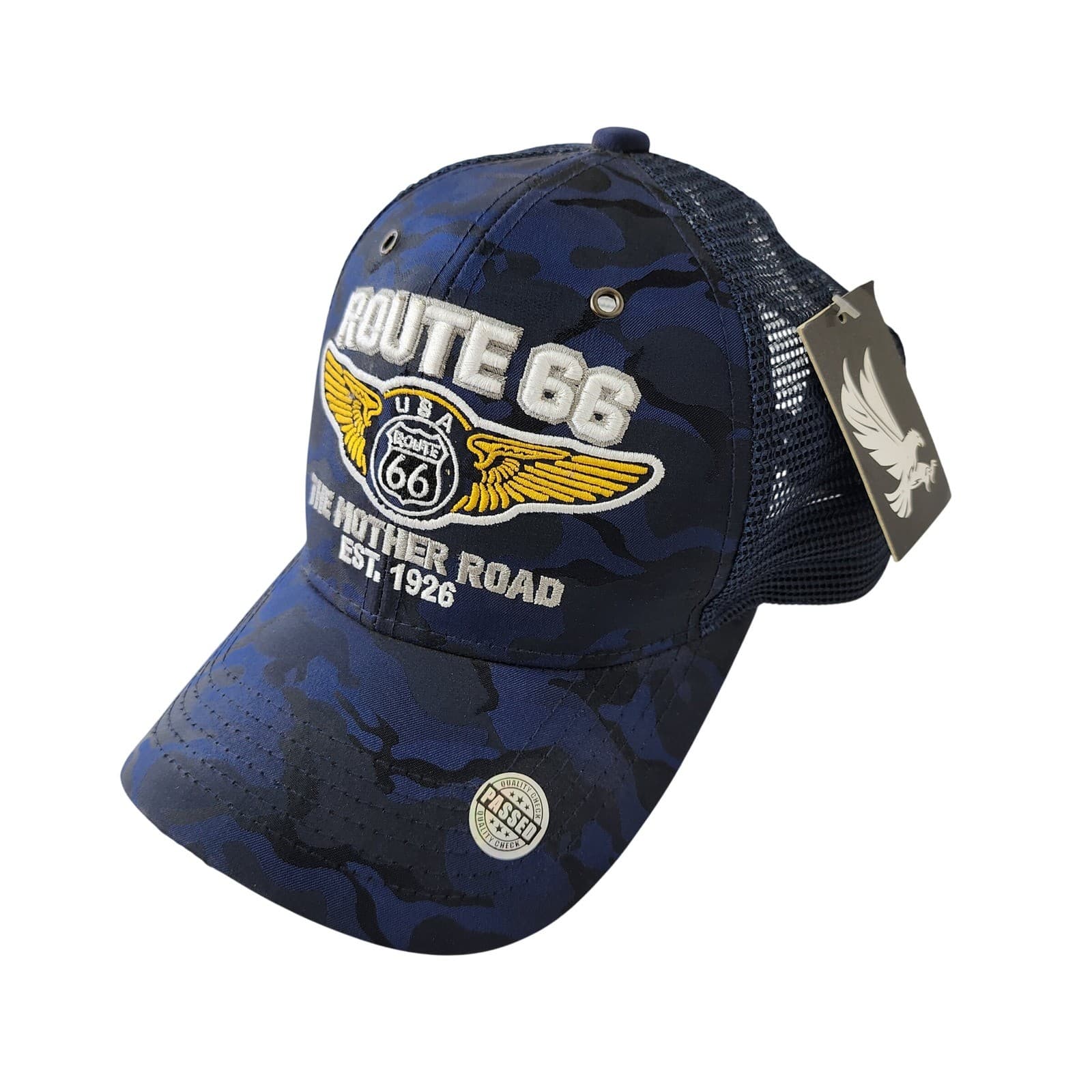 Route 66 The Mother Road Blue Camo Trucker Hat Black Eagle Snapback NWT