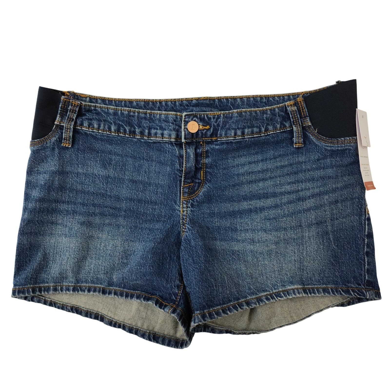 Isabel Maternity Under the Belly Denim Shorts Blue Expandable Side Panel 4.5"
