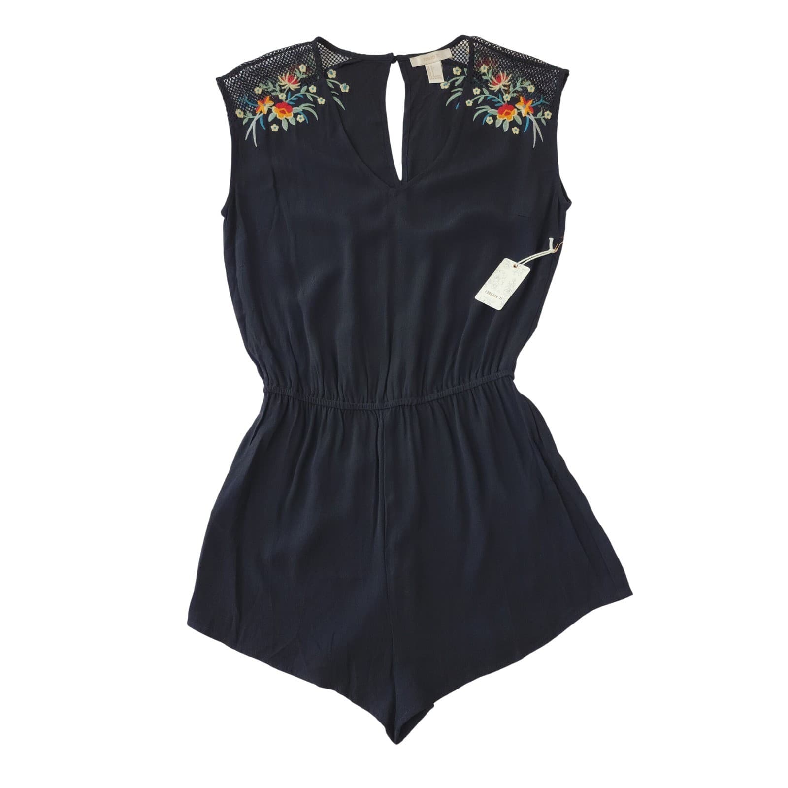 Forever 21 Navy Blue Embroidered Floral Mesh Romper Sleeveless Small NWT