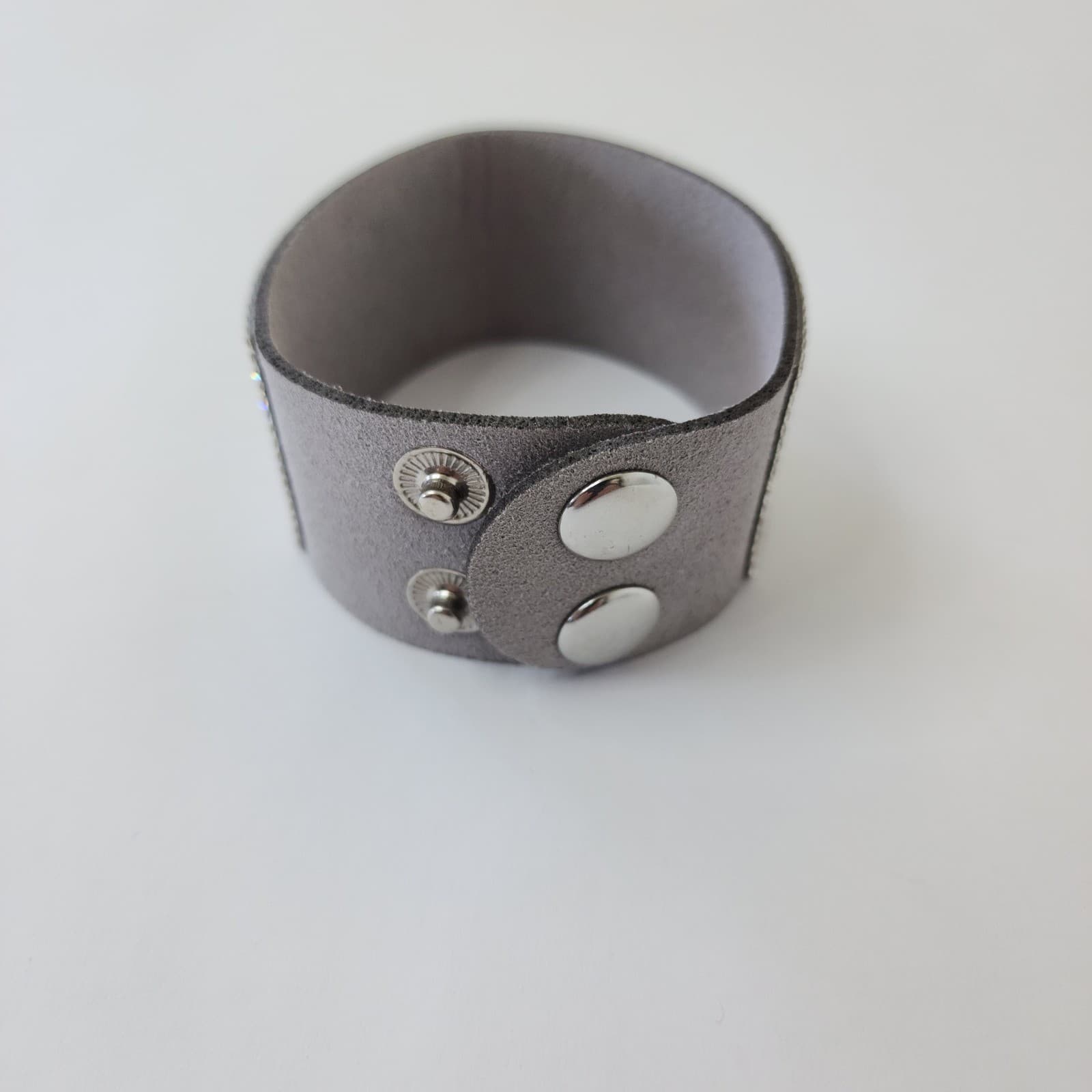 Grey Faux Suede Rhinestone Cuff Bracelet Wide Sparkly Crystal Snap Wrap Band - Thumbnail 2