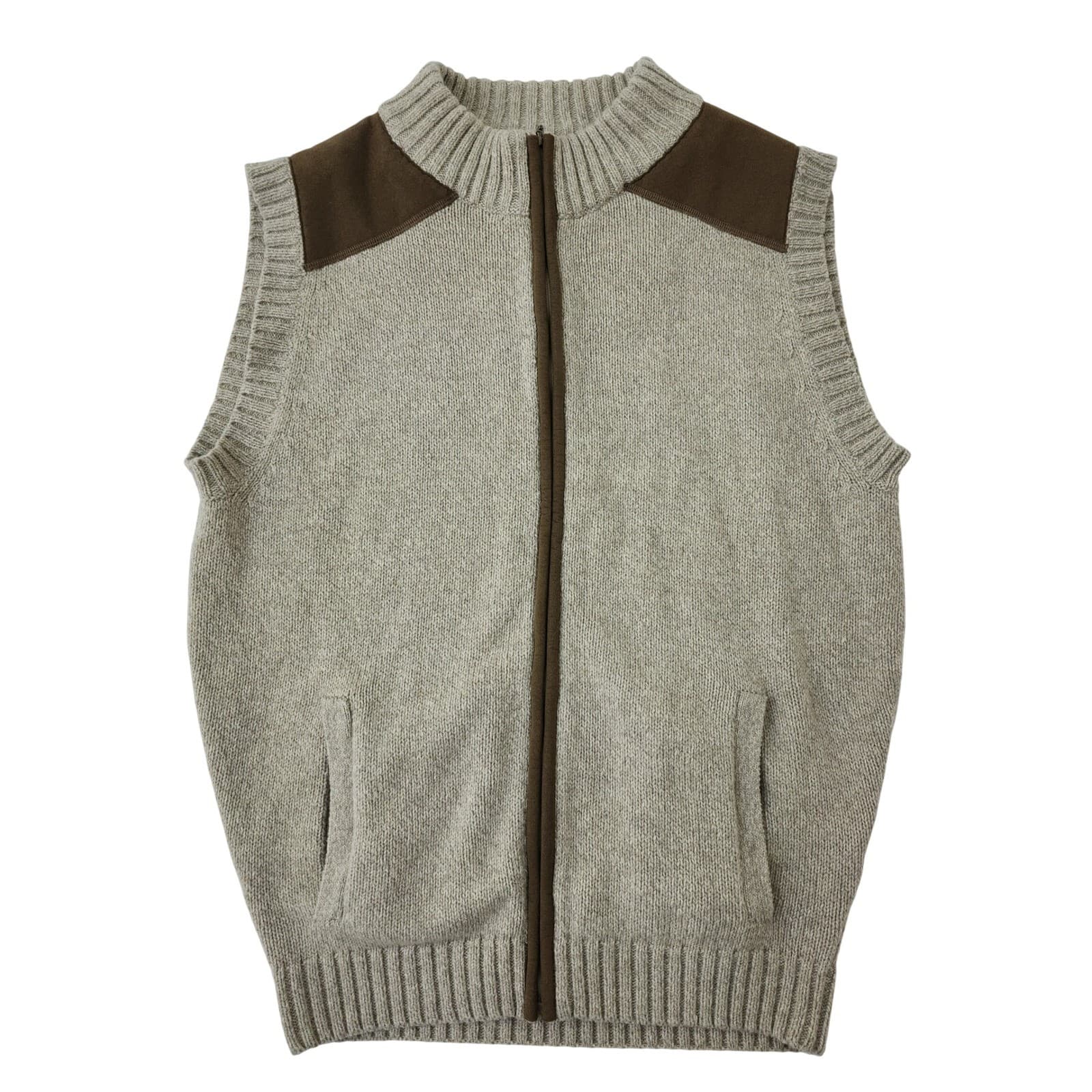Cabelas Outfitter Series Mens Medium Full Zip Sweater Vest Oatmeal Brown Patches