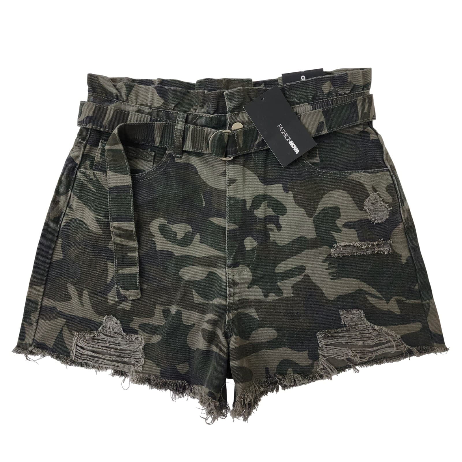 Fashion Nova Cant Find A Reason Camo Denim Shorts Waist Distressed 9