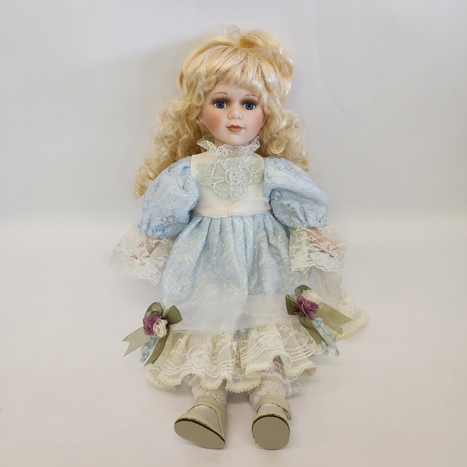 Vintage Geppeddo Porcelain Doll Blonde Hair Blue Eyes Victorian Dress 16 inch - Thumbnail 2