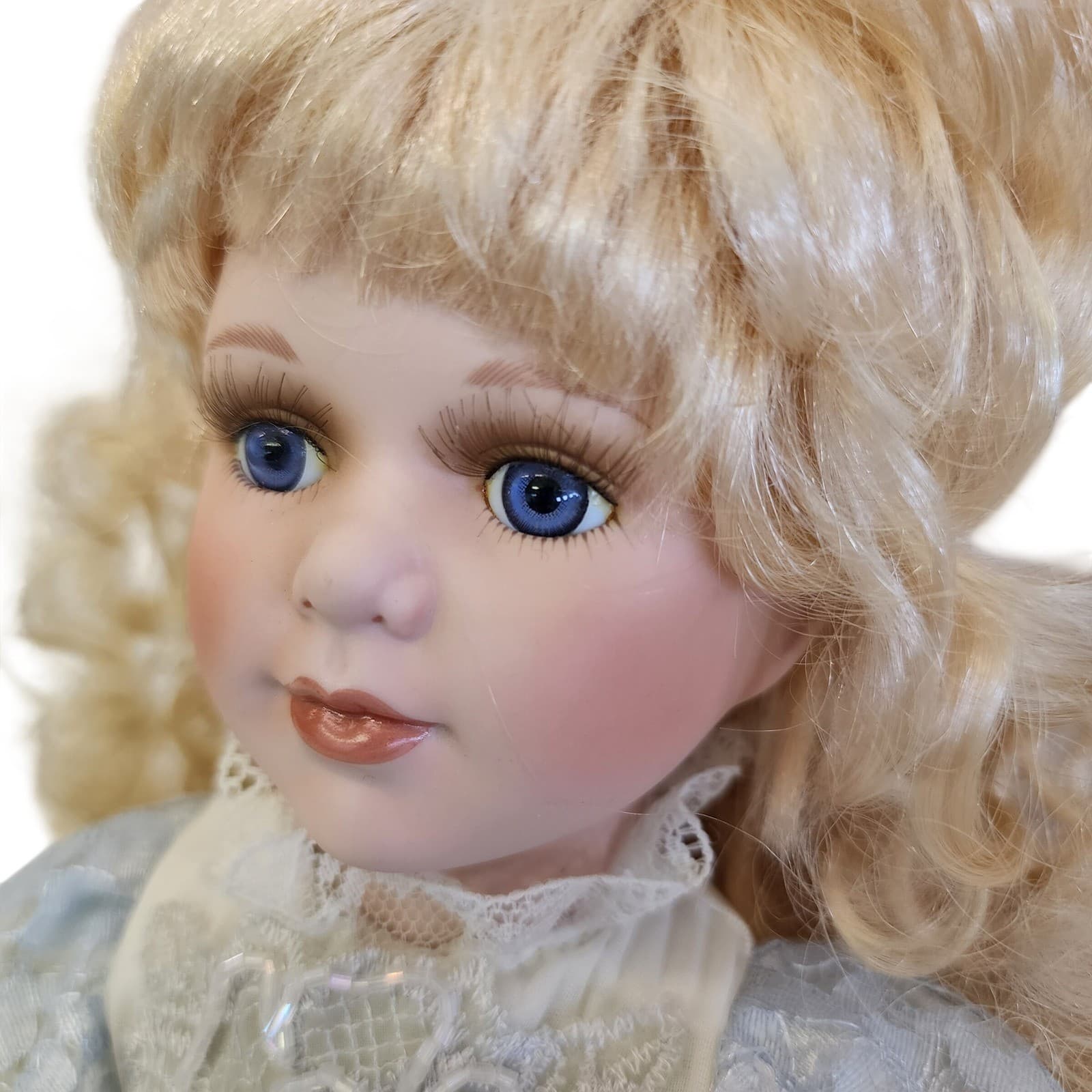 Vintage Geppeddo Porcelain Doll Blonde Hair Blue Eyes Victorian Dress 16 inch