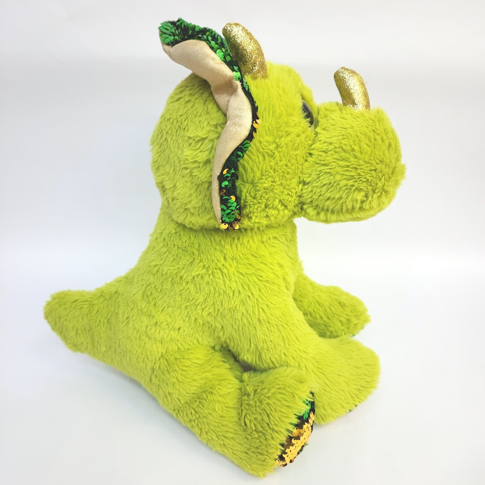 Green Triceratops Dinosaur Plush Sequin Frill Gold Horns Stuffed Animal 14 Inch - Thumbnail 6