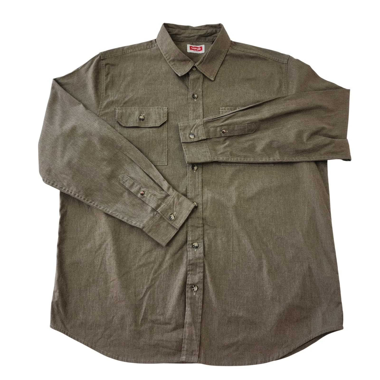 Wrangler Mens XL Long Sleeve Button Down Work Shirt Olive Brown Utility Twill