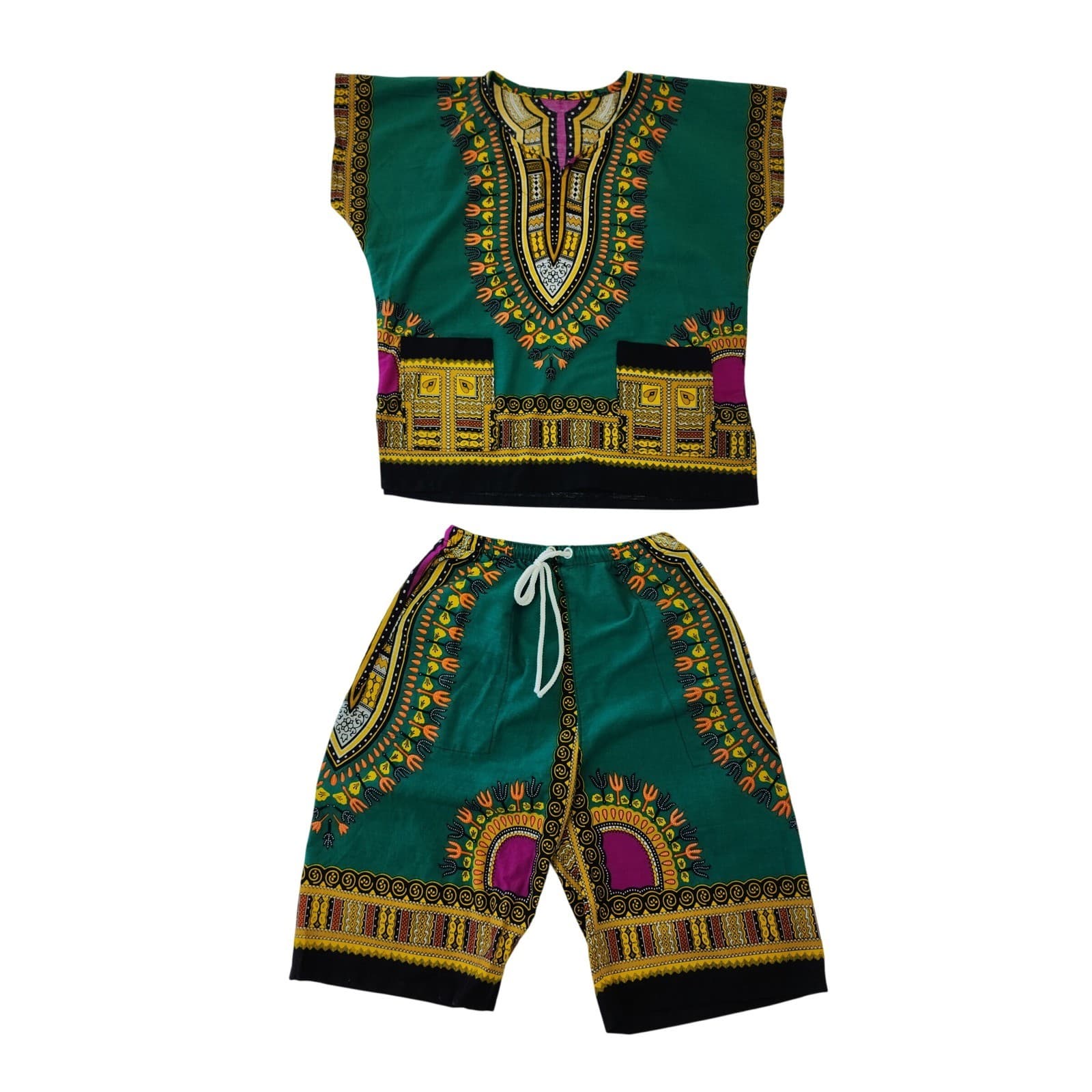 Unisex Green Dashiki 2 Piece Set V-Neck Top and Shorts African Print Tribal S/M