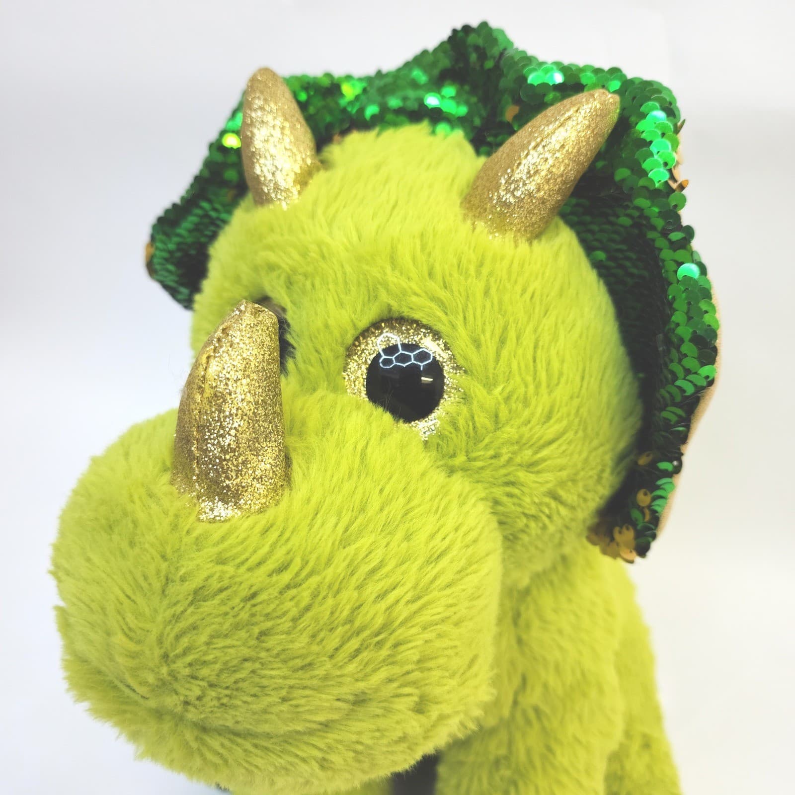 Green Triceratops Dinosaur Plush Sequin Frill Gold Horns Stuffed Animal 14 Inch - Thumbnail 2