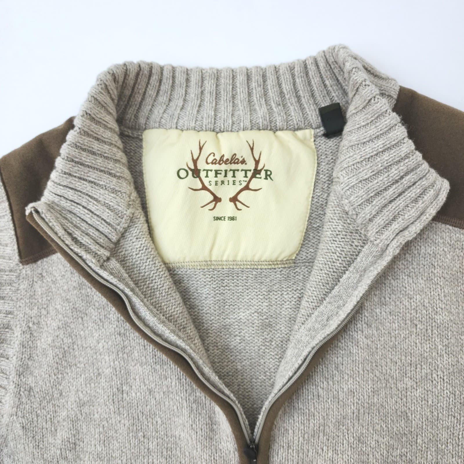 Cabelas Outfitter Series Mens Medium Full Zip Sweater Vest Oatmeal Brown Patches - Thumbnail 5