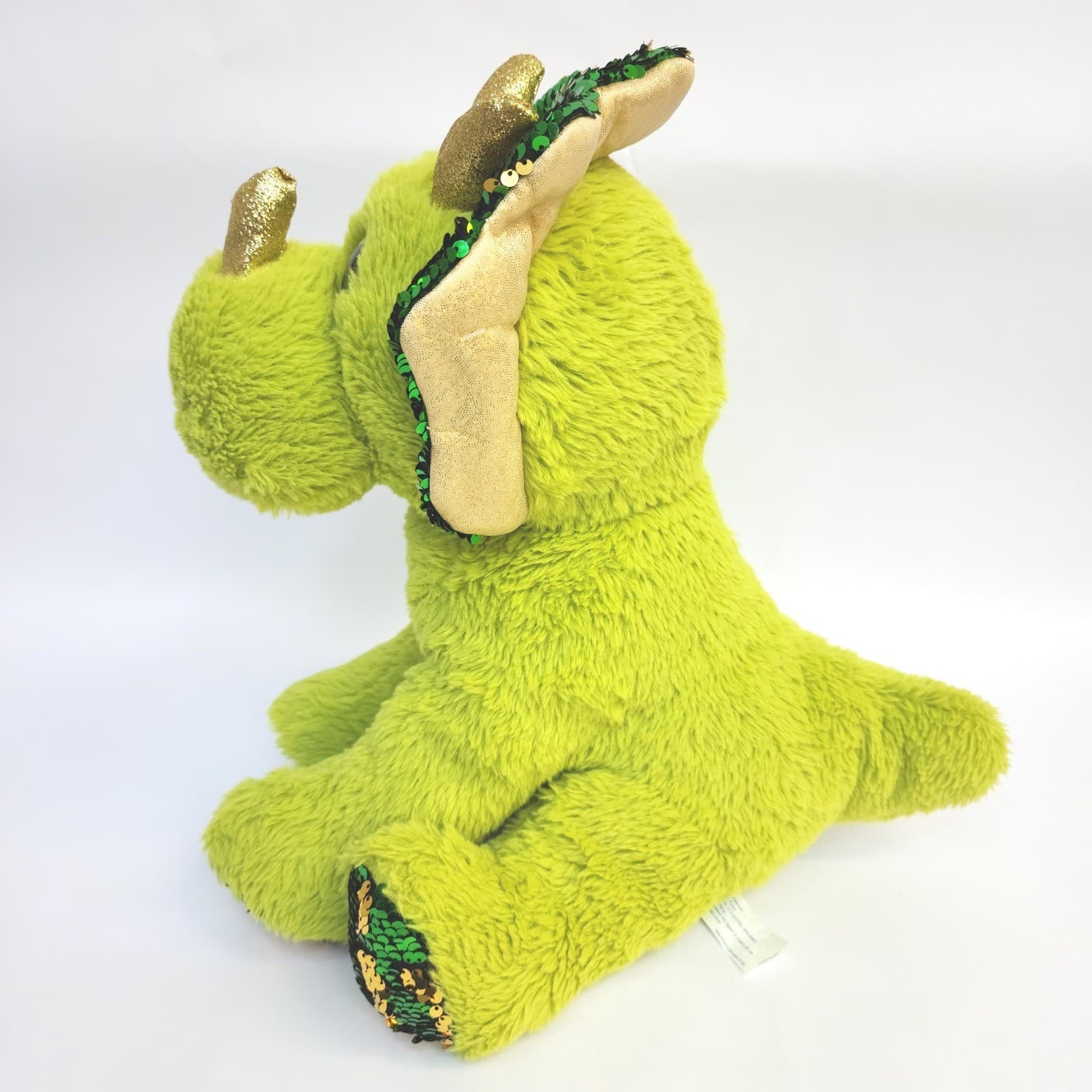 Green Triceratops Dinosaur Plush Sequin Frill Gold Horns Stuffed Animal 14 Inch - Thumbnail 3
