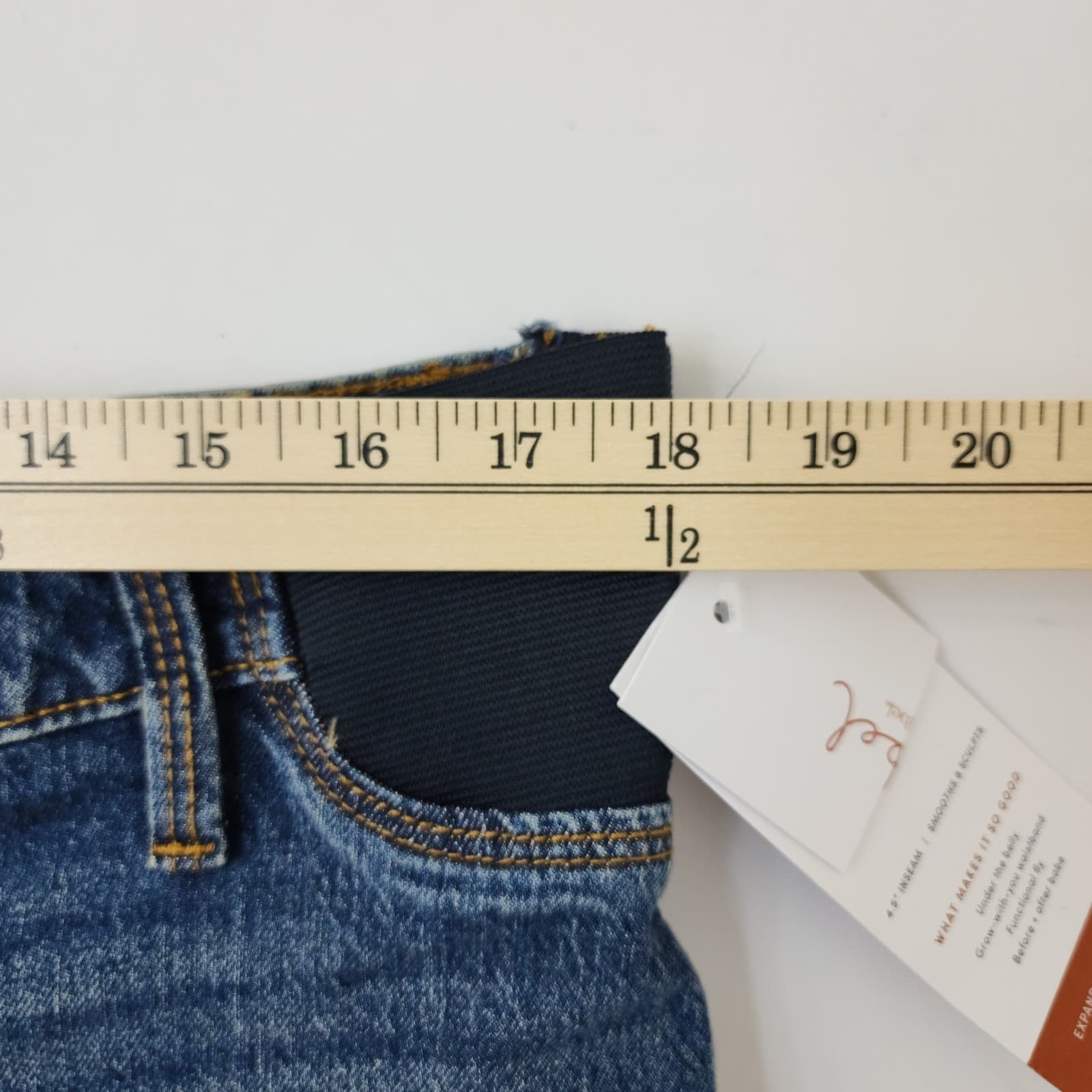 Isabel Maternity Under the Belly Denim Shorts Blue Expandable Side Panel 4.5" - Thumbnail 3