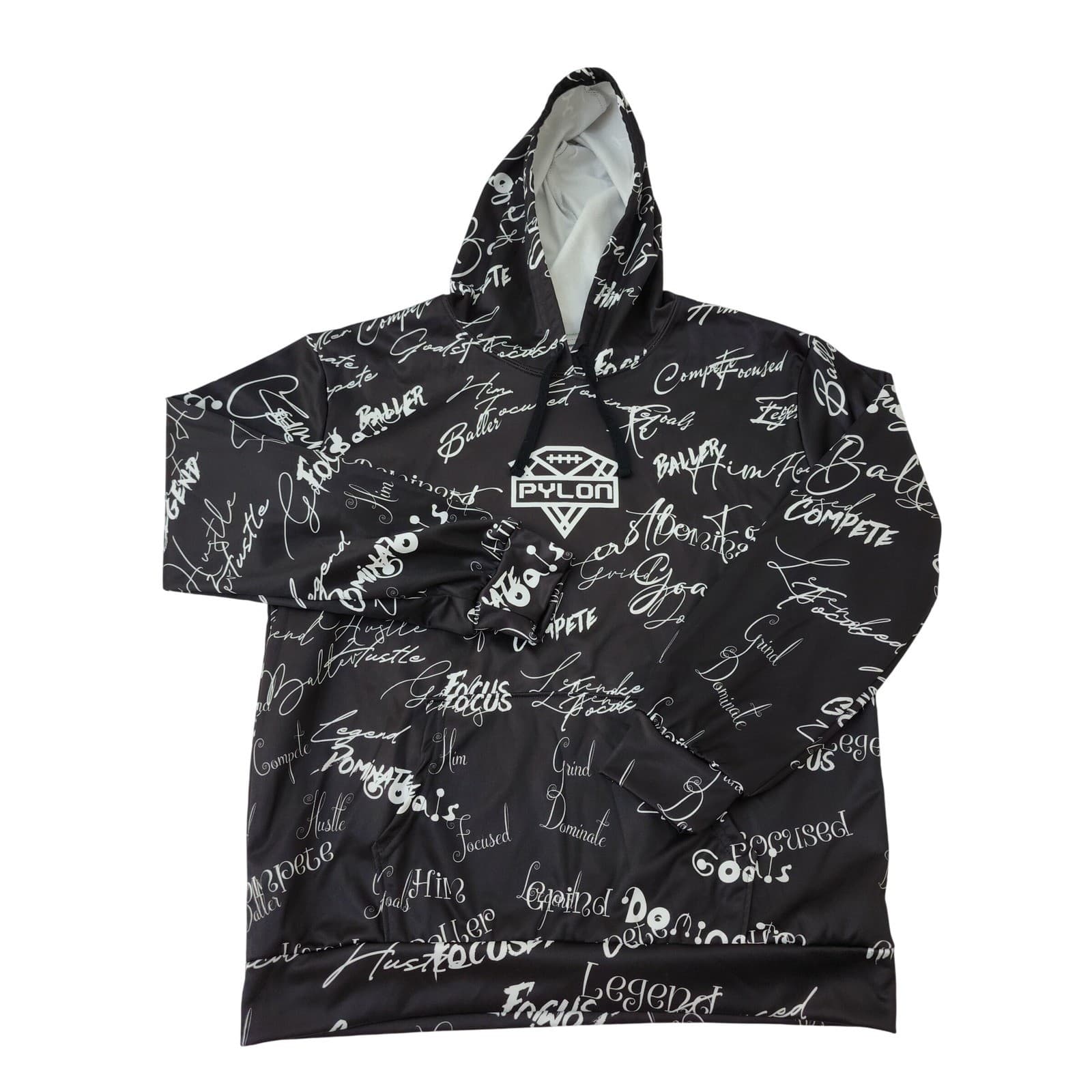 Pylon Football Men's All Over Print Motivational Script Hoodie Black White Large
