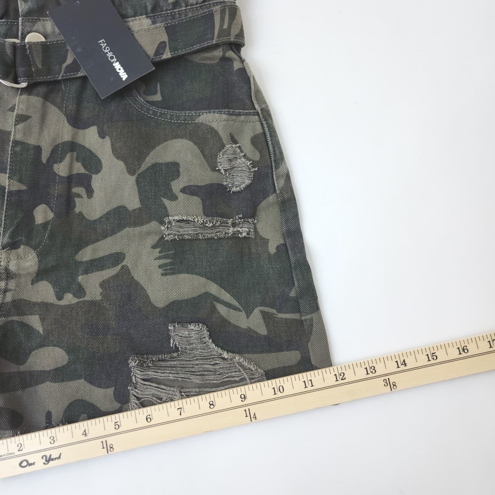 Fashion Nova Cant Find A Reason Camo Denim Shorts Waist Distressed 9 - Thumbnail 3