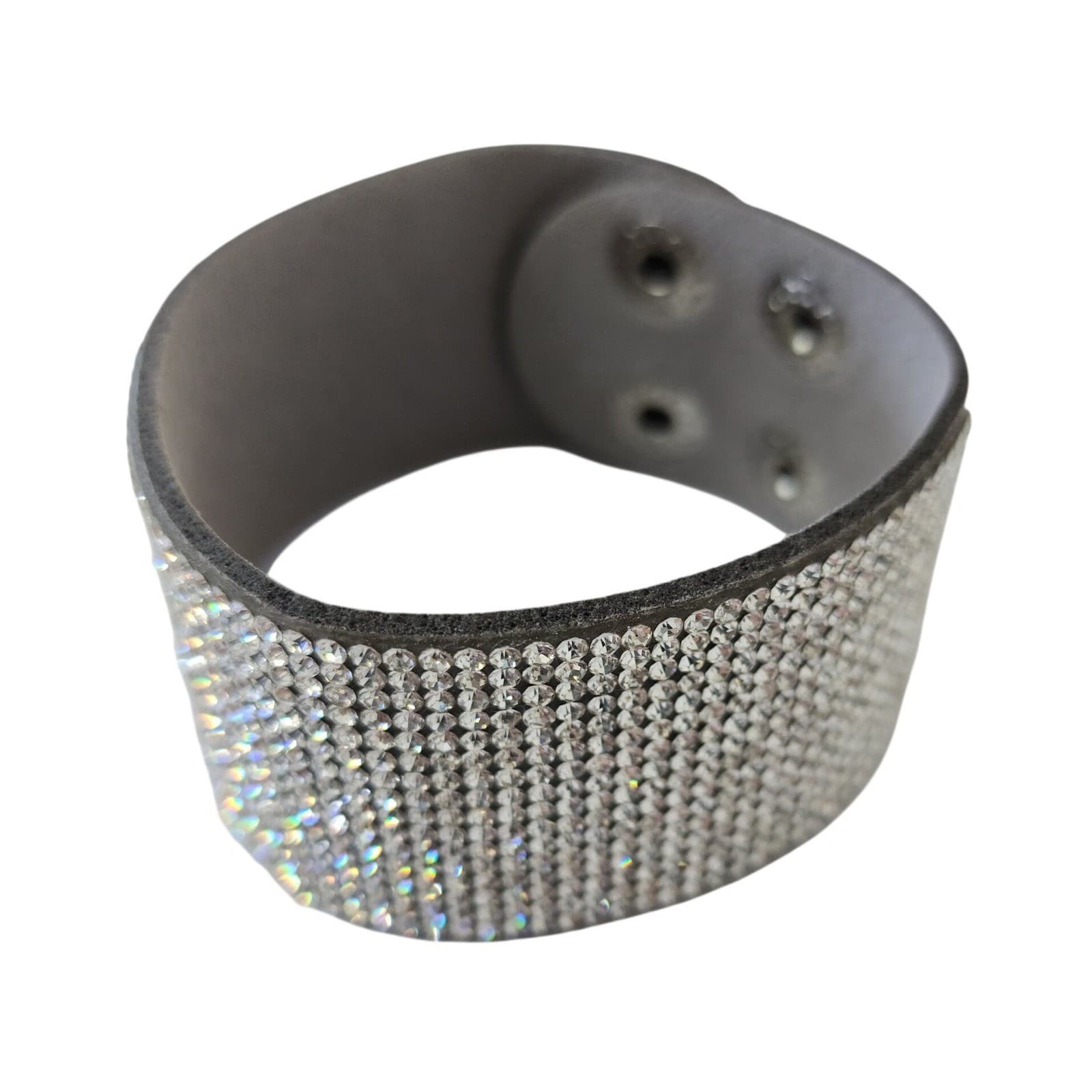 Grey Faux Suede Rhinestone Cuff Bracelet Wide Sparkly Crystal Snap Wrap Band