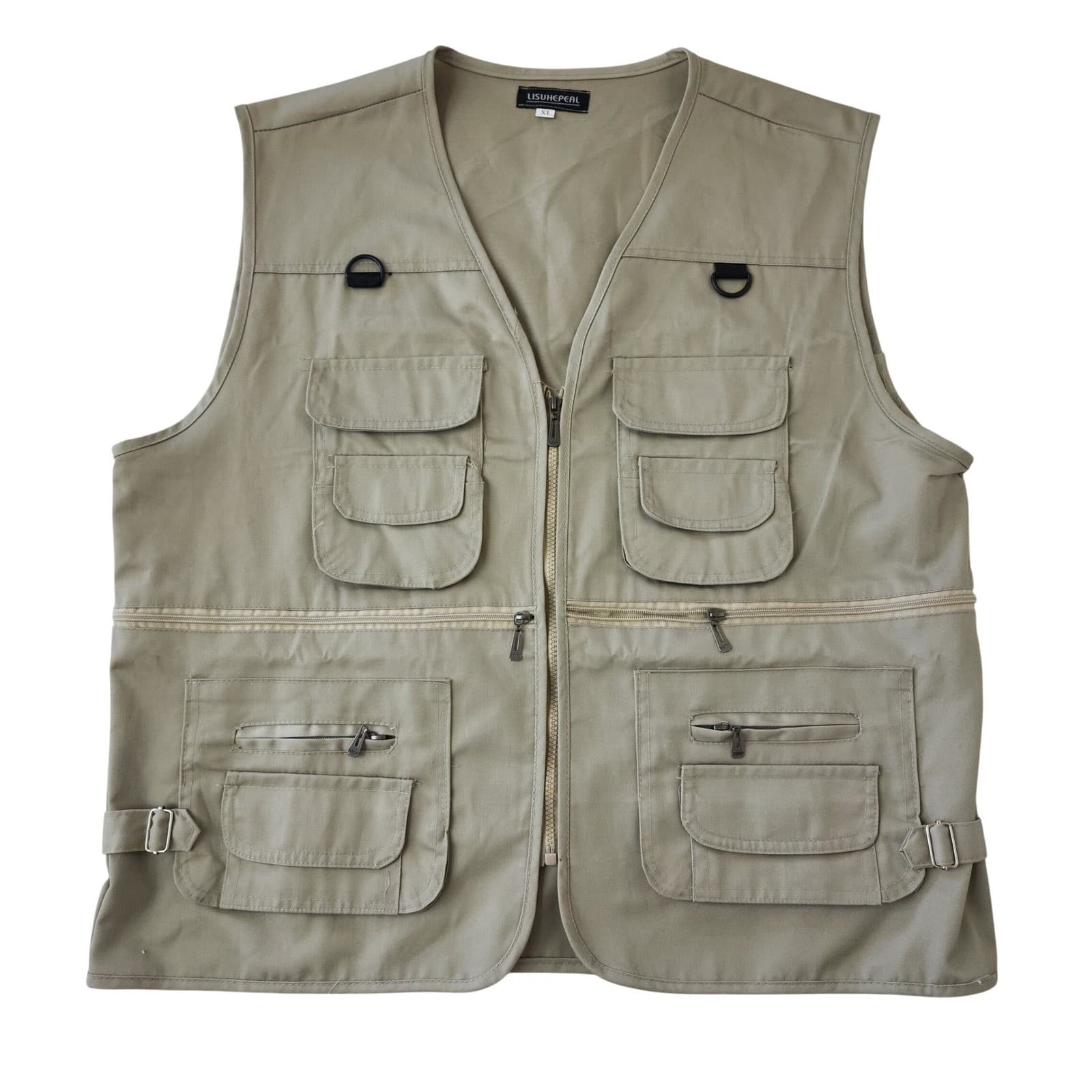 LISUHEPEAL Mens XL Utility Fishing Vest Khaki Tan Multi-Pocket Outdoor Gilet