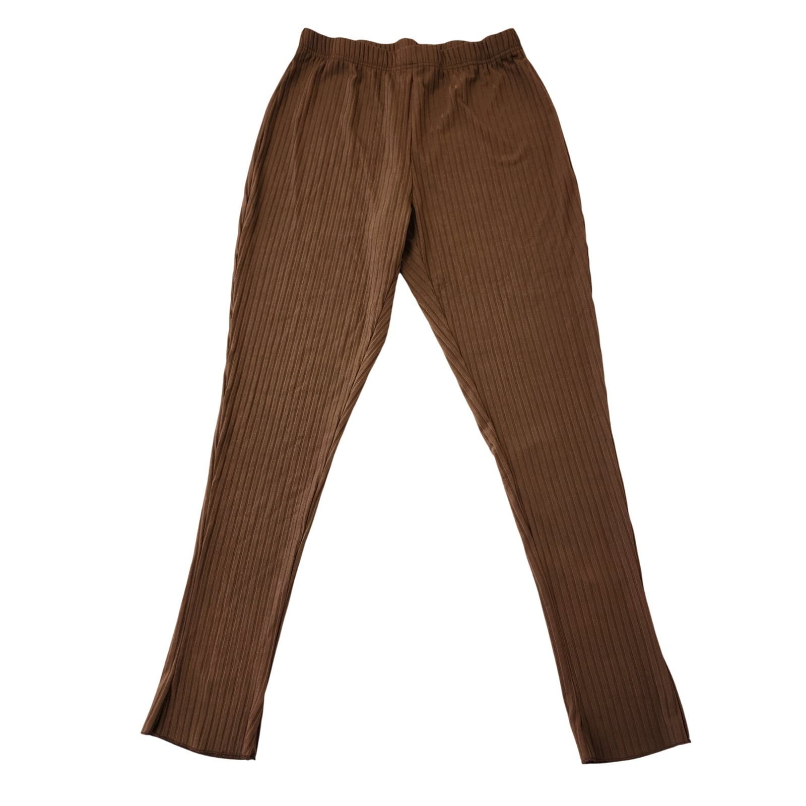 Brown Ribbed Knit High Waisted Leggings Plus Size 1XL Pleated Pants