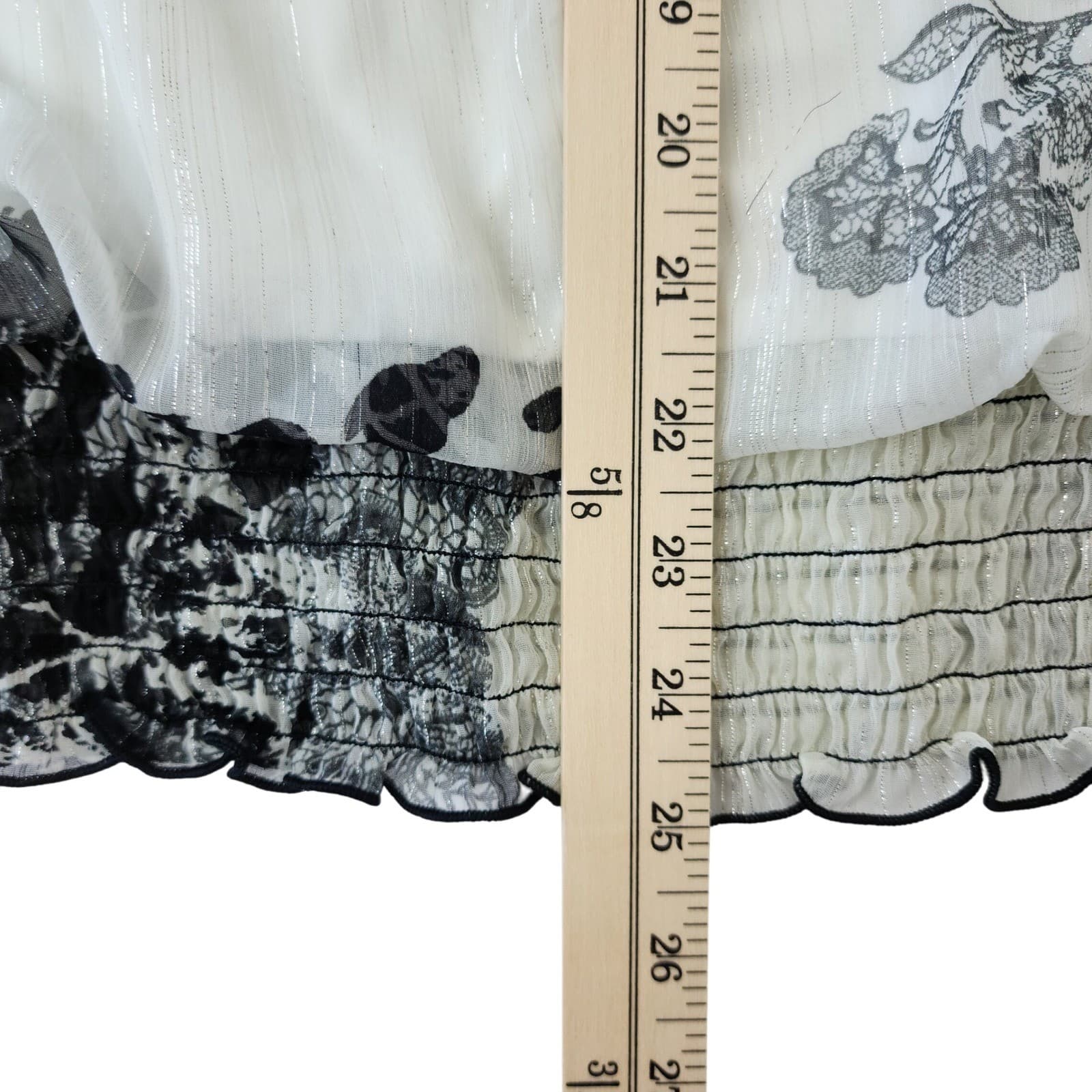 Maurices Black White Floral Animal Print Smocked Hem Blouse XL Rosette Accent - Thumbnail 2