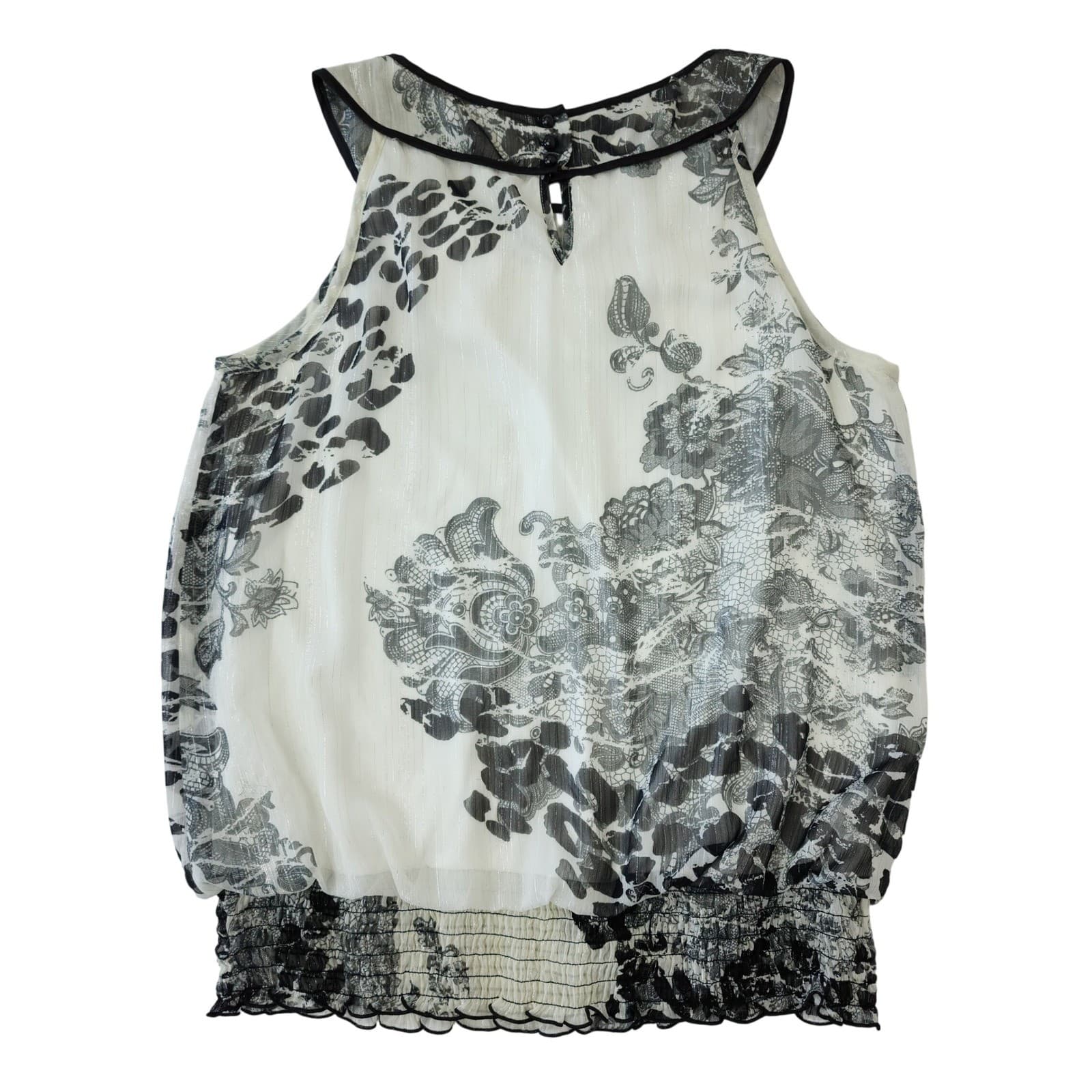 Maurices Black White Floral Animal Print Smocked Hem Blouse XL Rosette Accent - Thumbnail 8