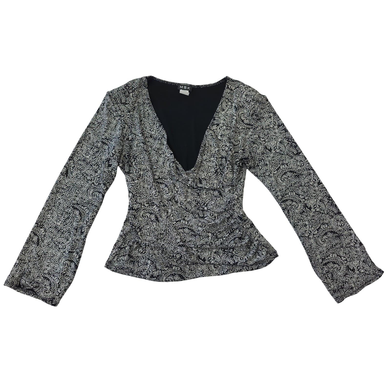 MSK Womens Large Silver Black Metallic Paisley Surplice V-Neck Wrap Top Blouse - Thumbnail 2