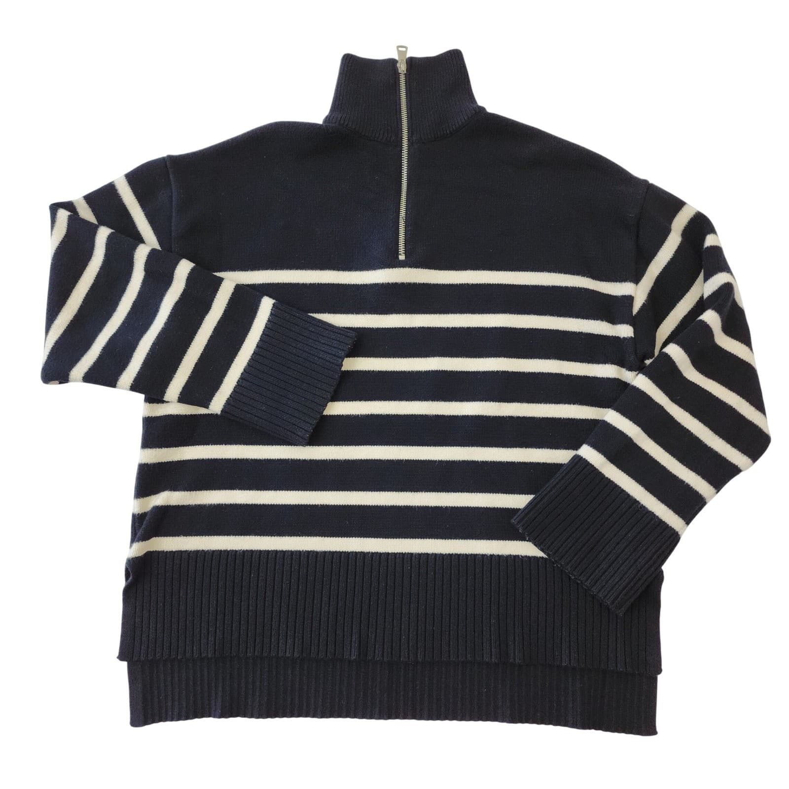 Zara Womens Navy Blue White Striped Quarter Zip Knit Sweater Small Nautical