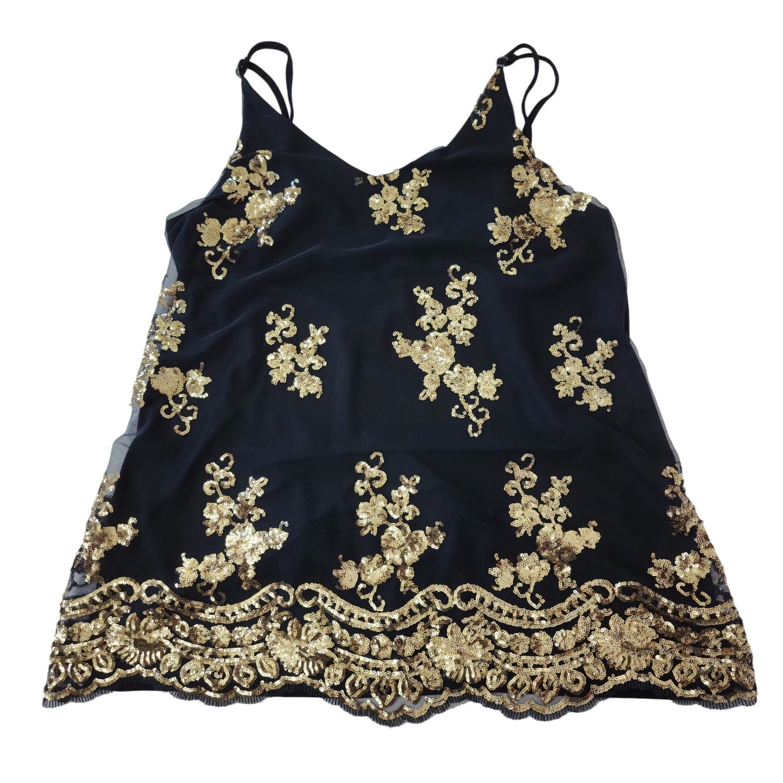 About A Girl Womens XL Navy Blue Gold Sequin Floral Mesh Camisole Tank Top XL