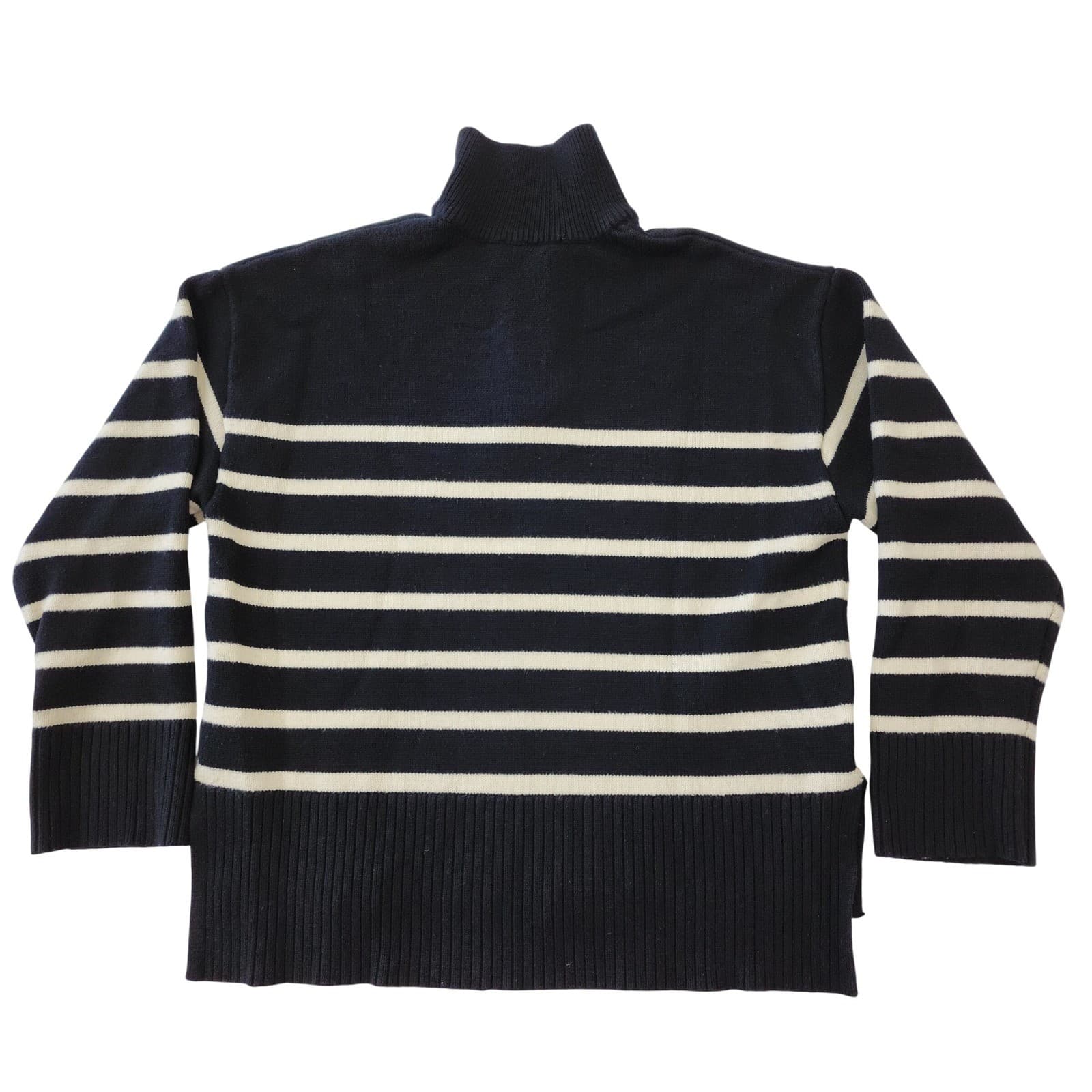 Zara Womens Navy Blue White Striped Quarter Zip Knit Sweater Small Nautical - Thumbnail 9