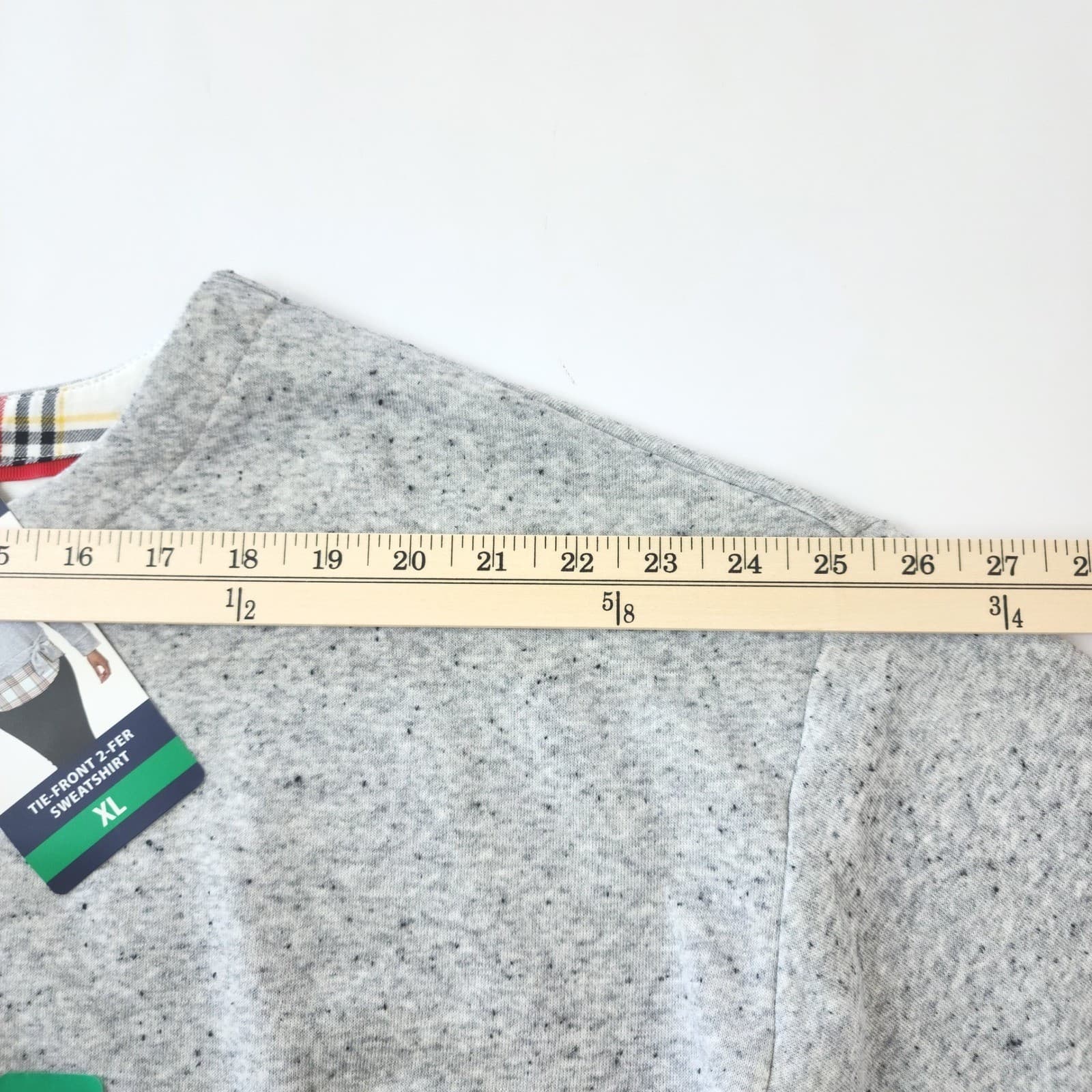 IZOD Womens Tie-Front 2-Fer Sweatshirt Plaid Hem Light Grey Heather XL NWT - Thumbnail 5