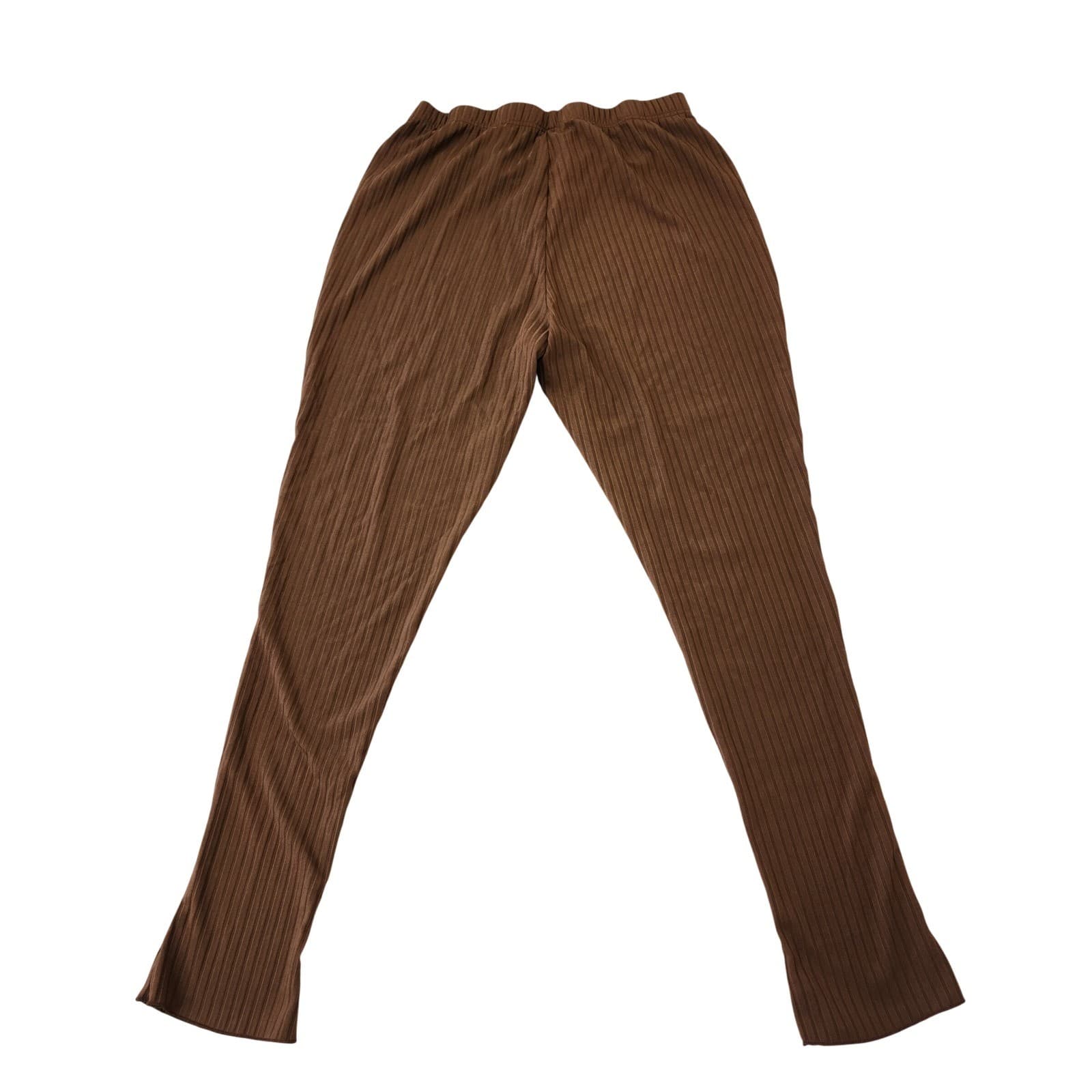 Brown Ribbed Knit High Waisted Leggings Plus Size 1XL Pleated Pants - Thumbnail 6