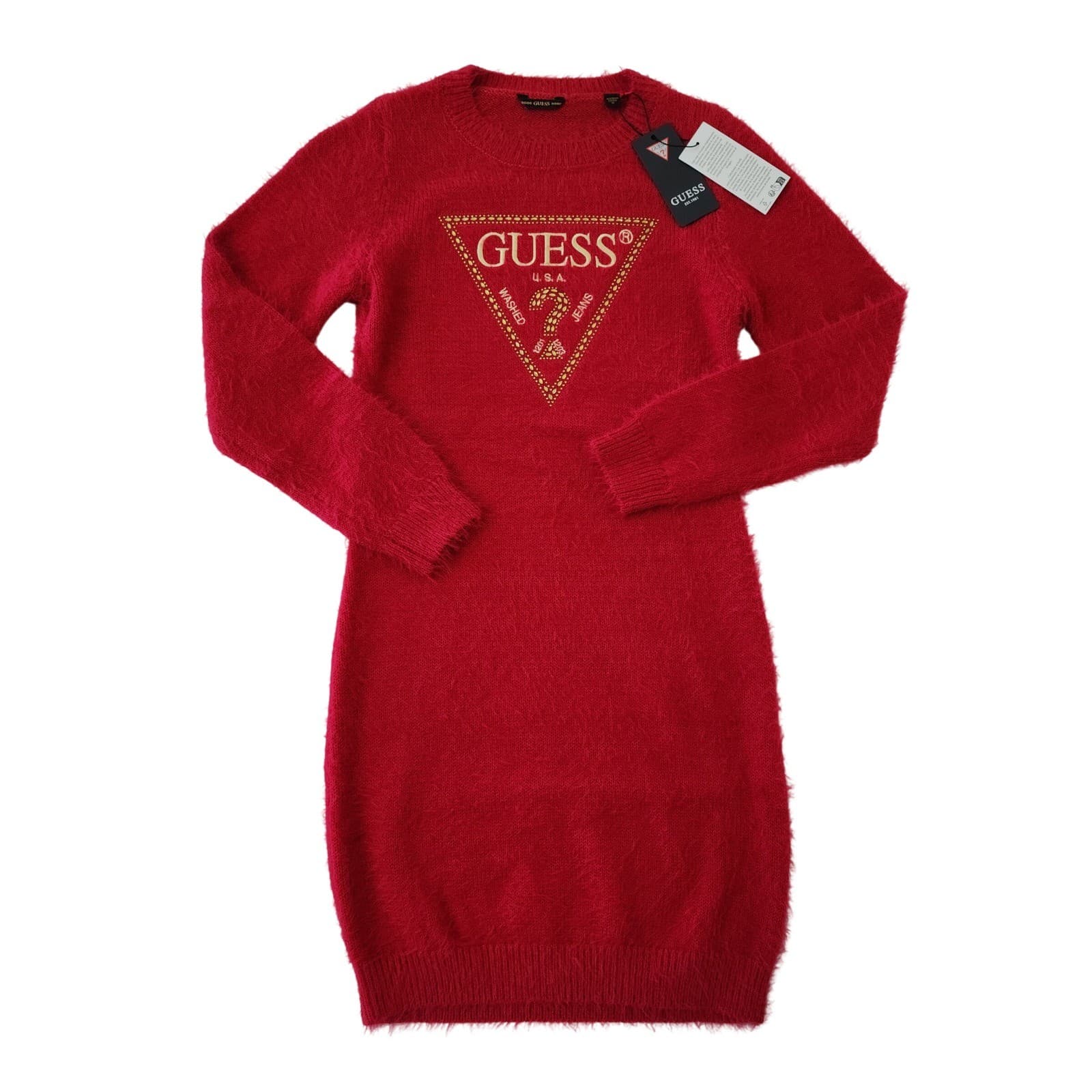 Guess Kids Girls Red Fuzzy Knit Studded Logo Sweater Dress Size 10 NWT