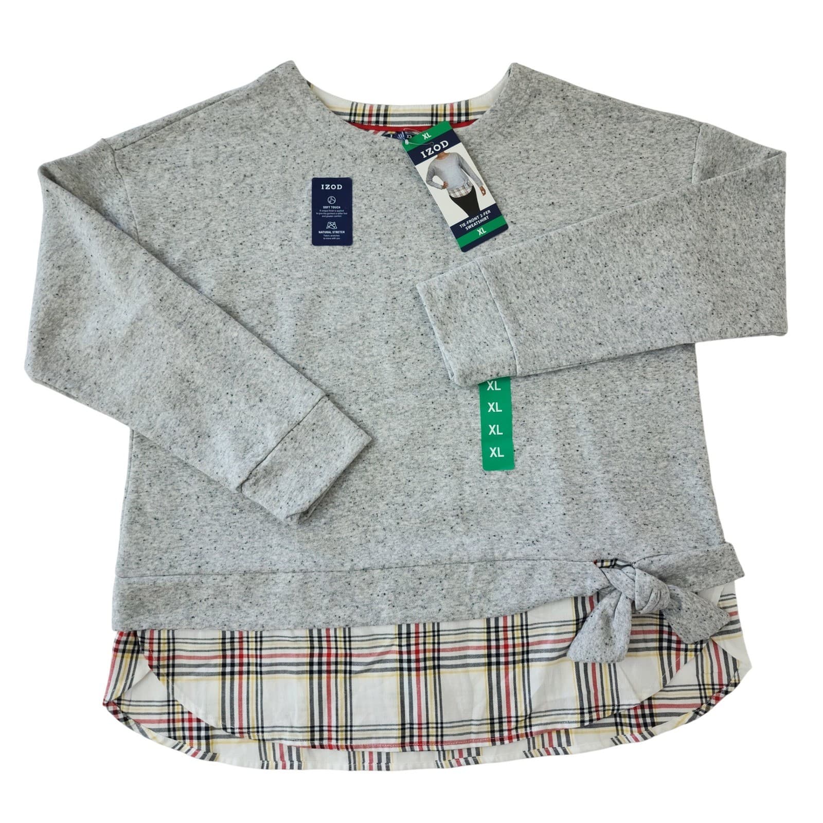 IZOD Womens Tie-Front 2-Fer Sweatshirt Plaid Hem Light Grey Heather XL NWT