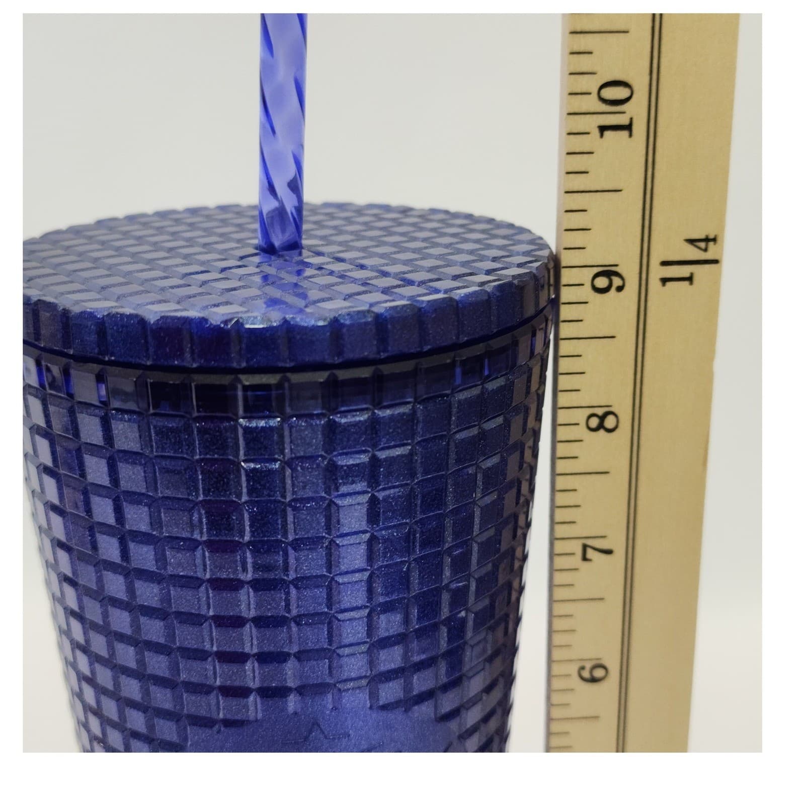Starbucks 2022 Blue Grid Textured 24oz Venti Cold Cup Tumbler with Straw Glitter - Thumbnail 6