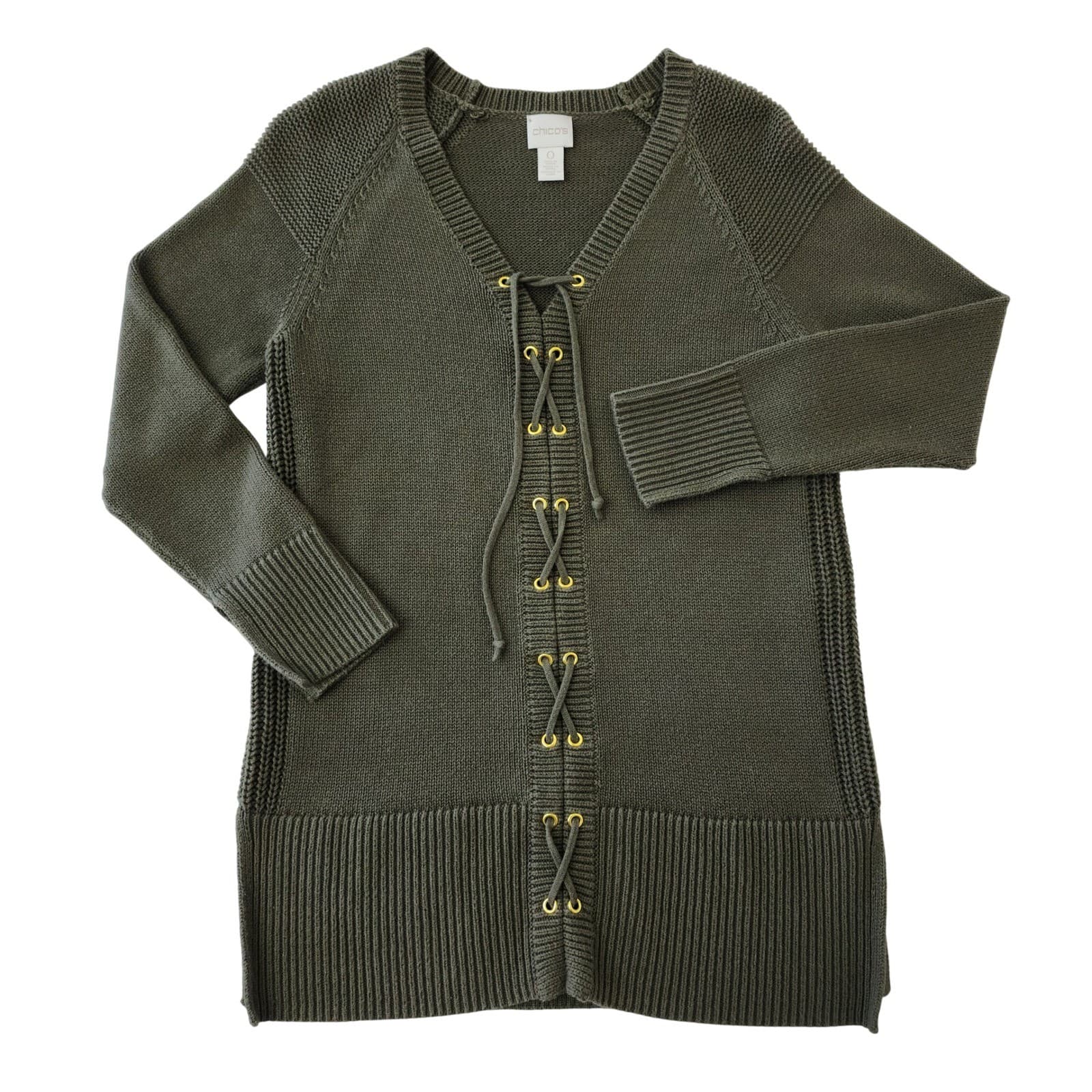 Chicos Olive Green Lace Up Front Knit Tunic Sweater Gold Grommets Size 0 S