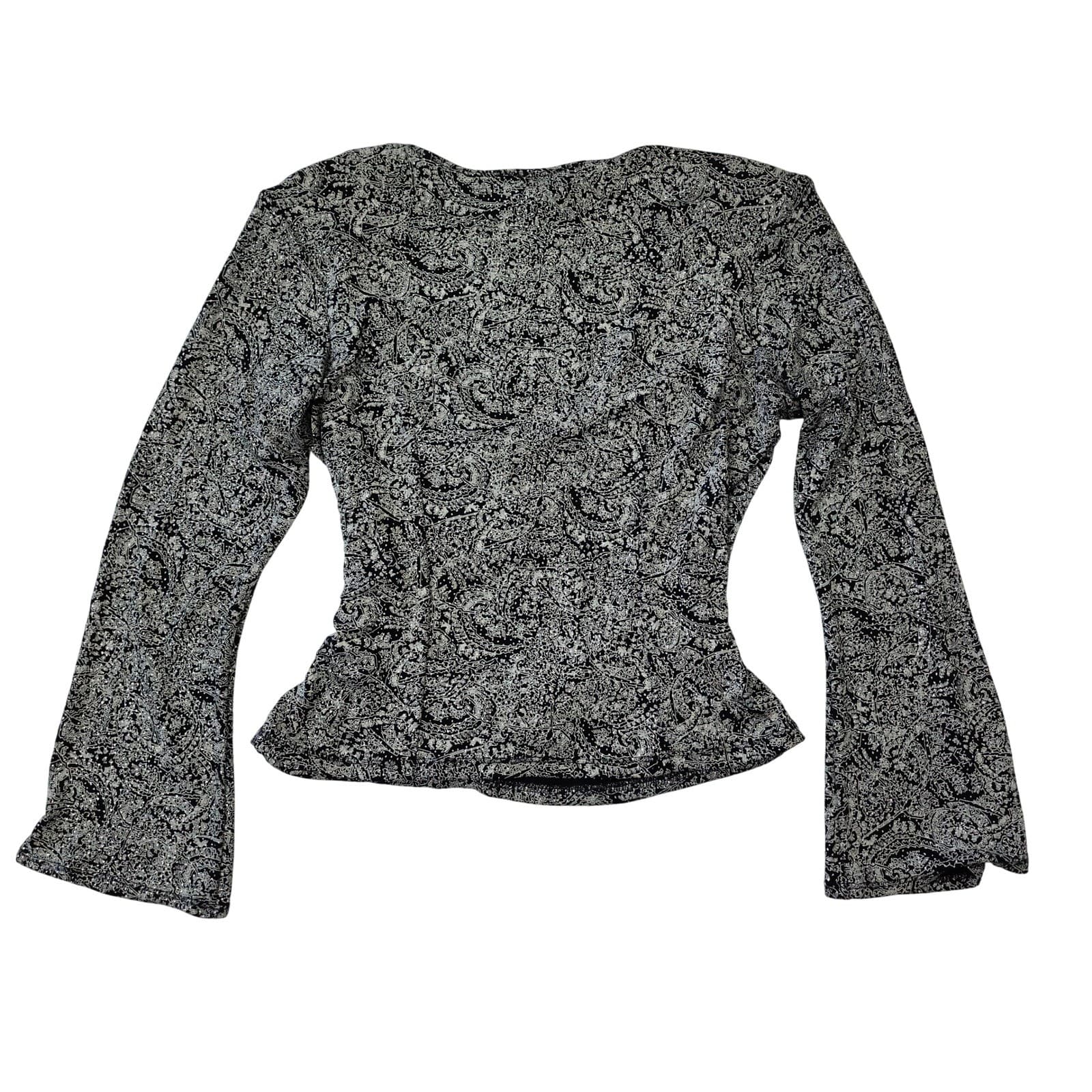MSK Womens Large Silver Black Metallic Paisley Surplice V-Neck Wrap Top Blouse - Thumbnail 8