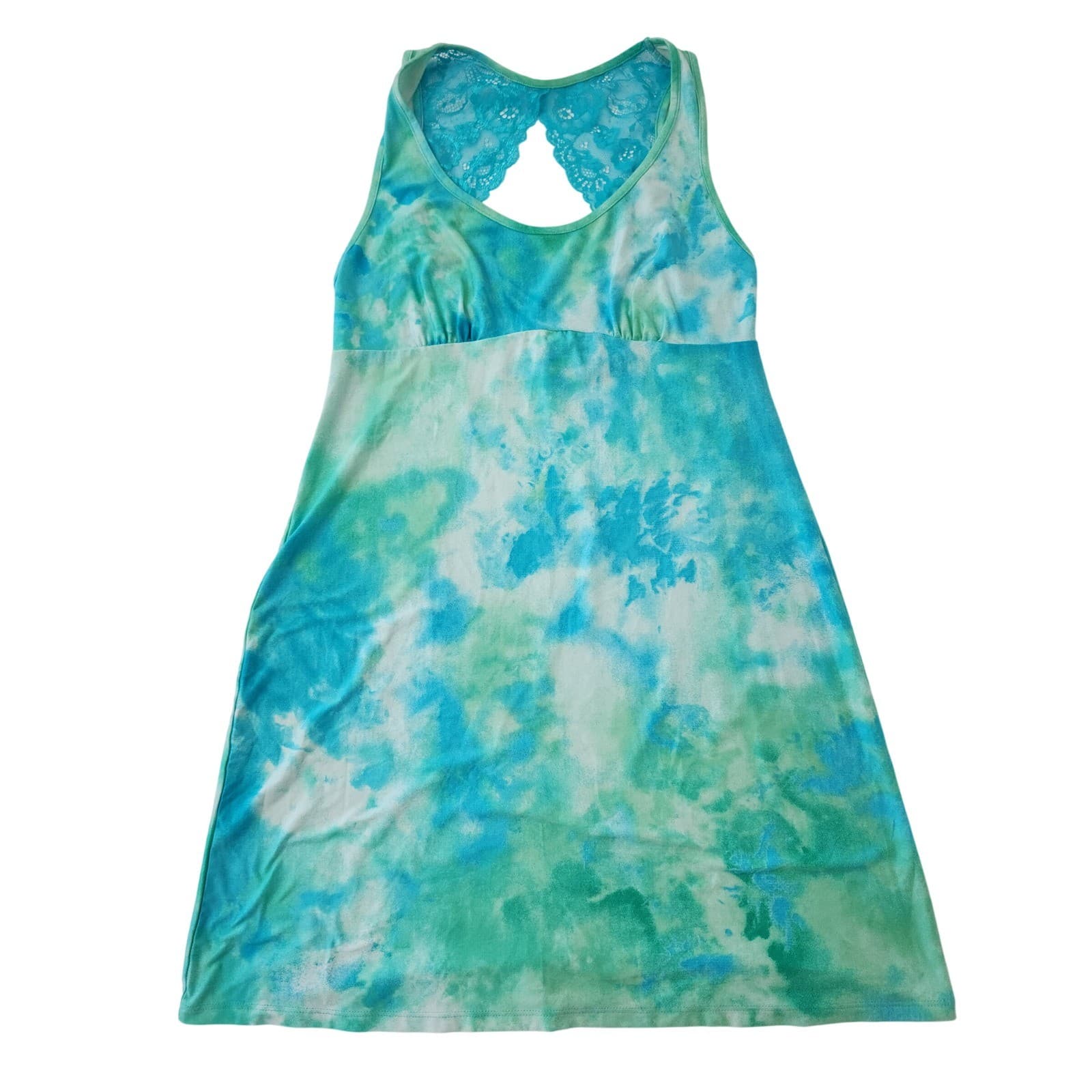 Secret Treasures Womens Blue Green Tie Dye Lace Back Chemise Nightgown Small 4-6