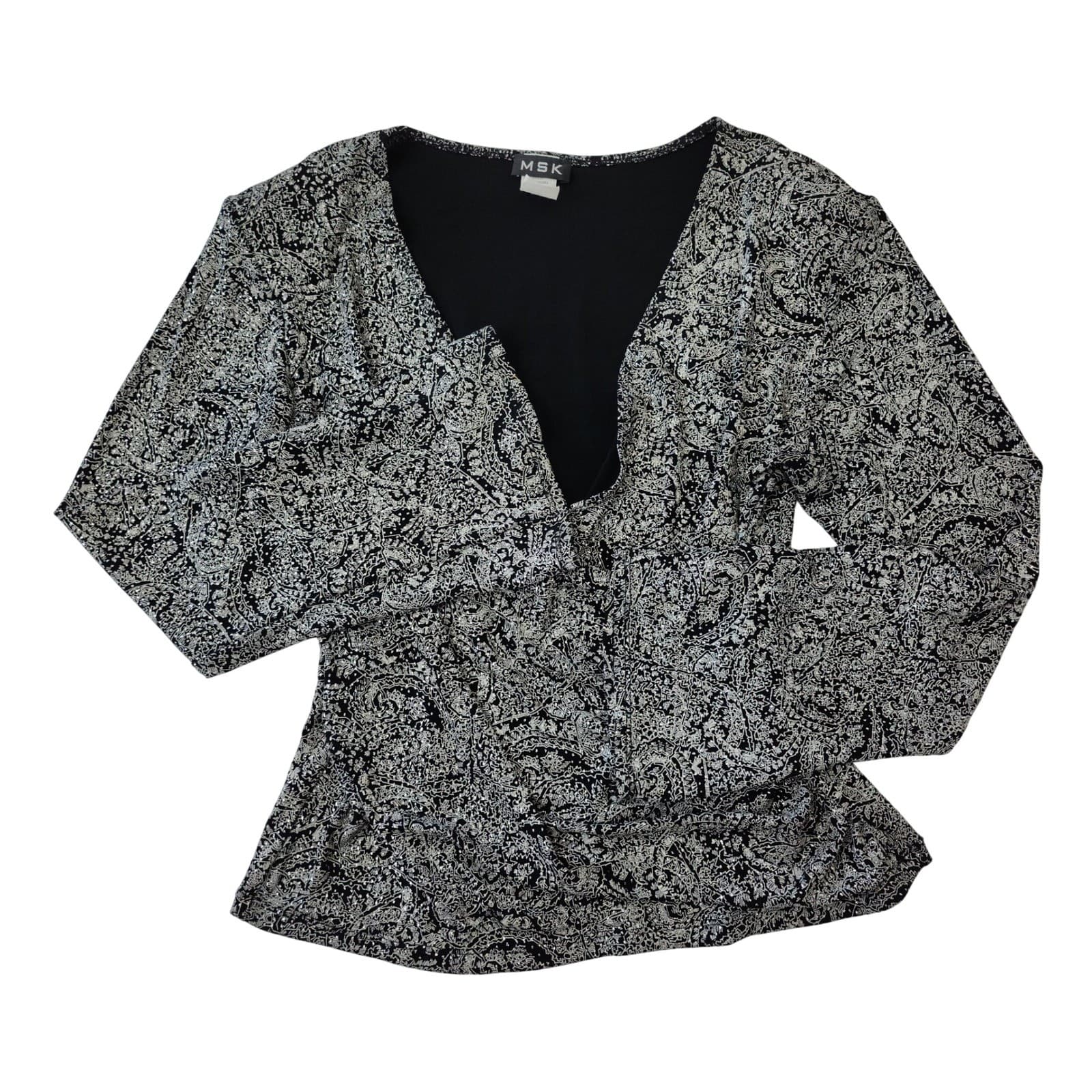 MSK Womens Large Silver Black Metallic Paisley Surplice V-Neck Wrap Top Blouse