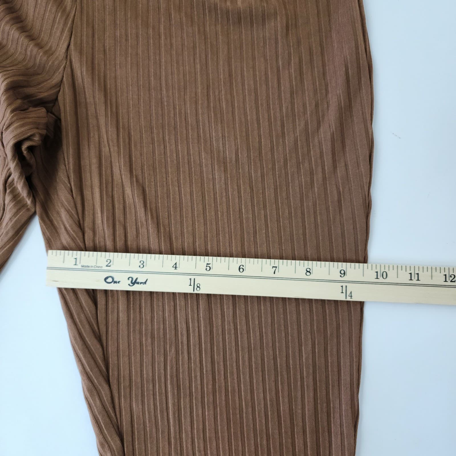 Brown Ribbed Knit High Waisted Leggings Plus Size 1XL Pleated Pants - Thumbnail 3