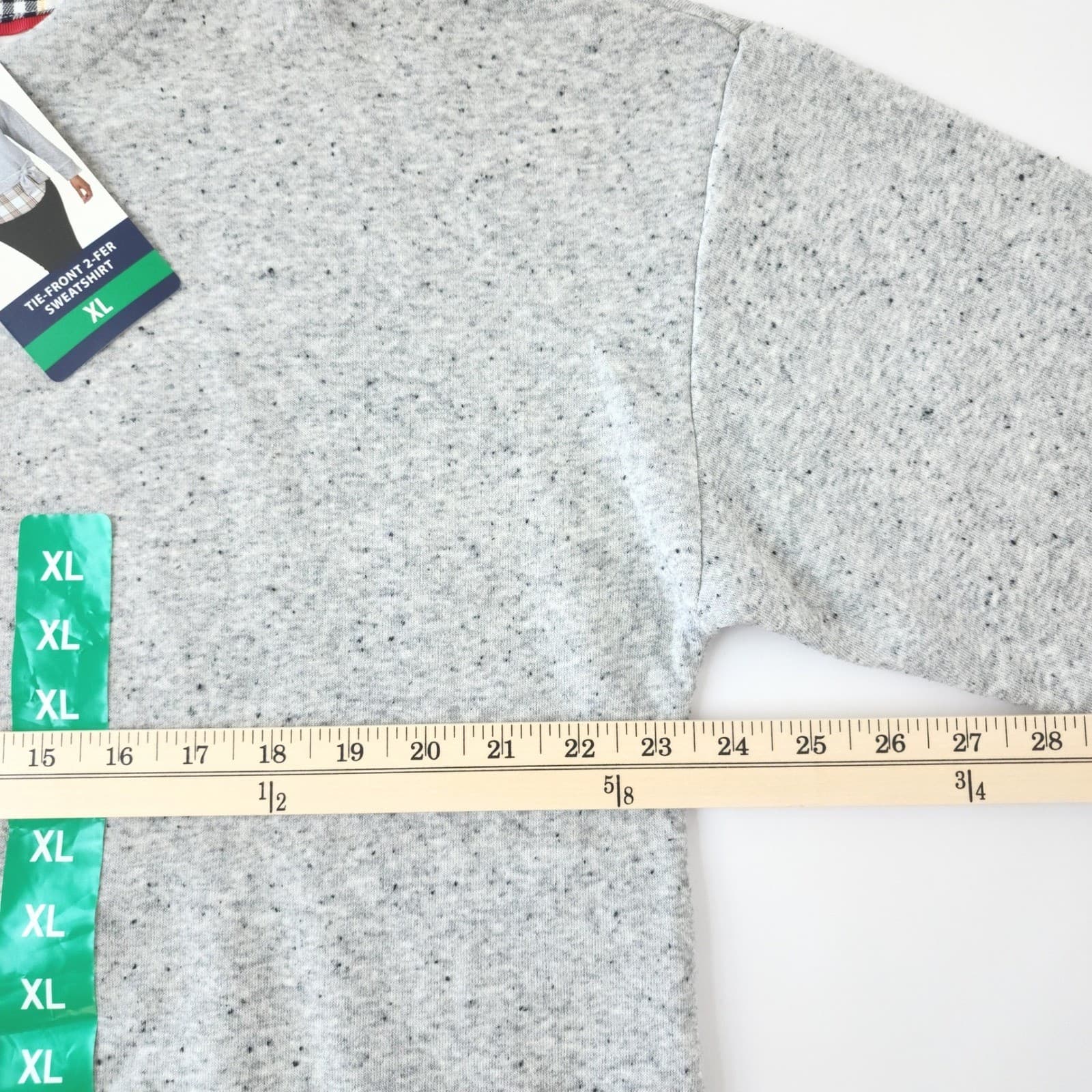 IZOD Womens Tie-Front 2-Fer Sweatshirt Plaid Hem Light Grey Heather XL NWT - Thumbnail 3