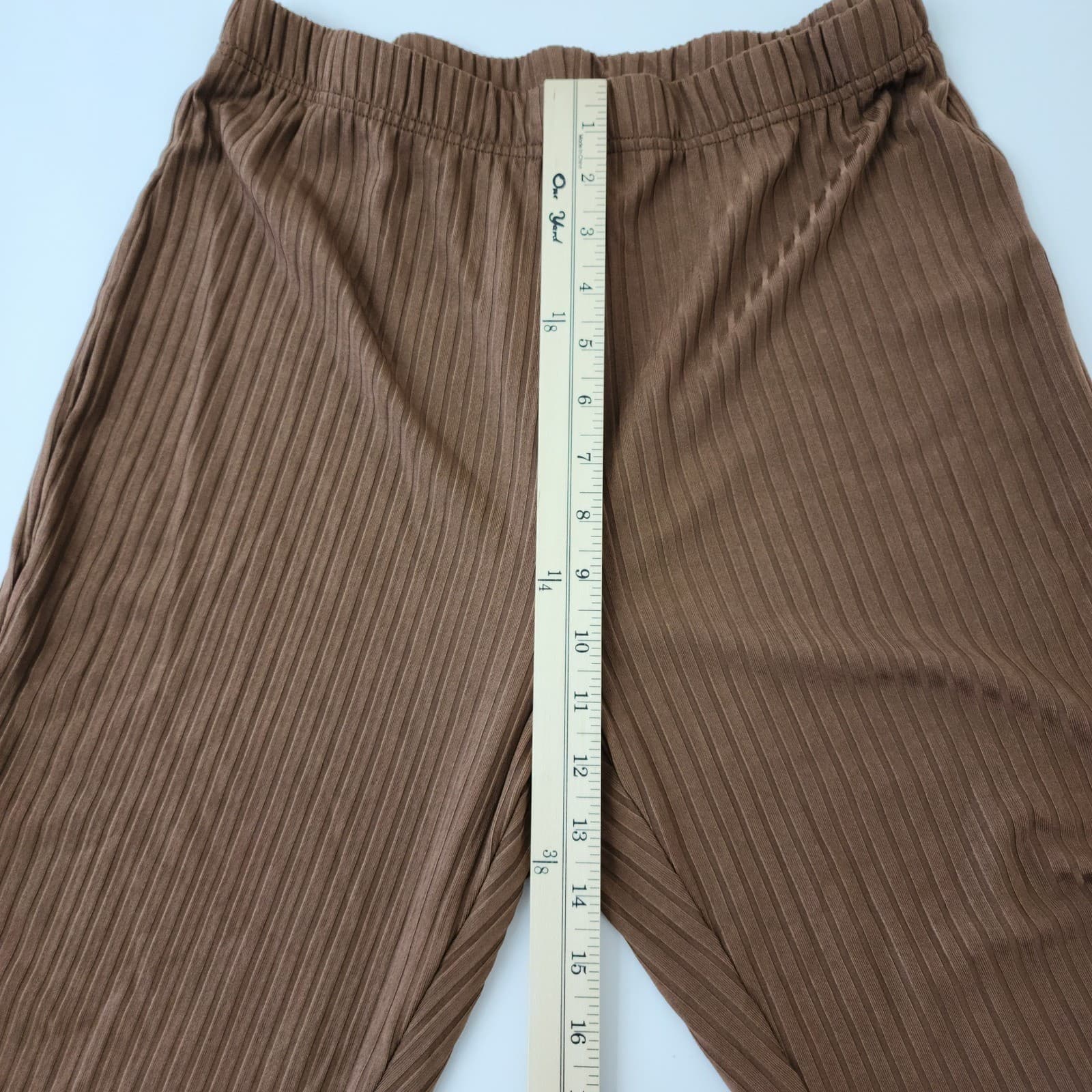 Brown Ribbed Knit High Waisted Leggings Plus Size 1XL Pleated Pants - Thumbnail 2