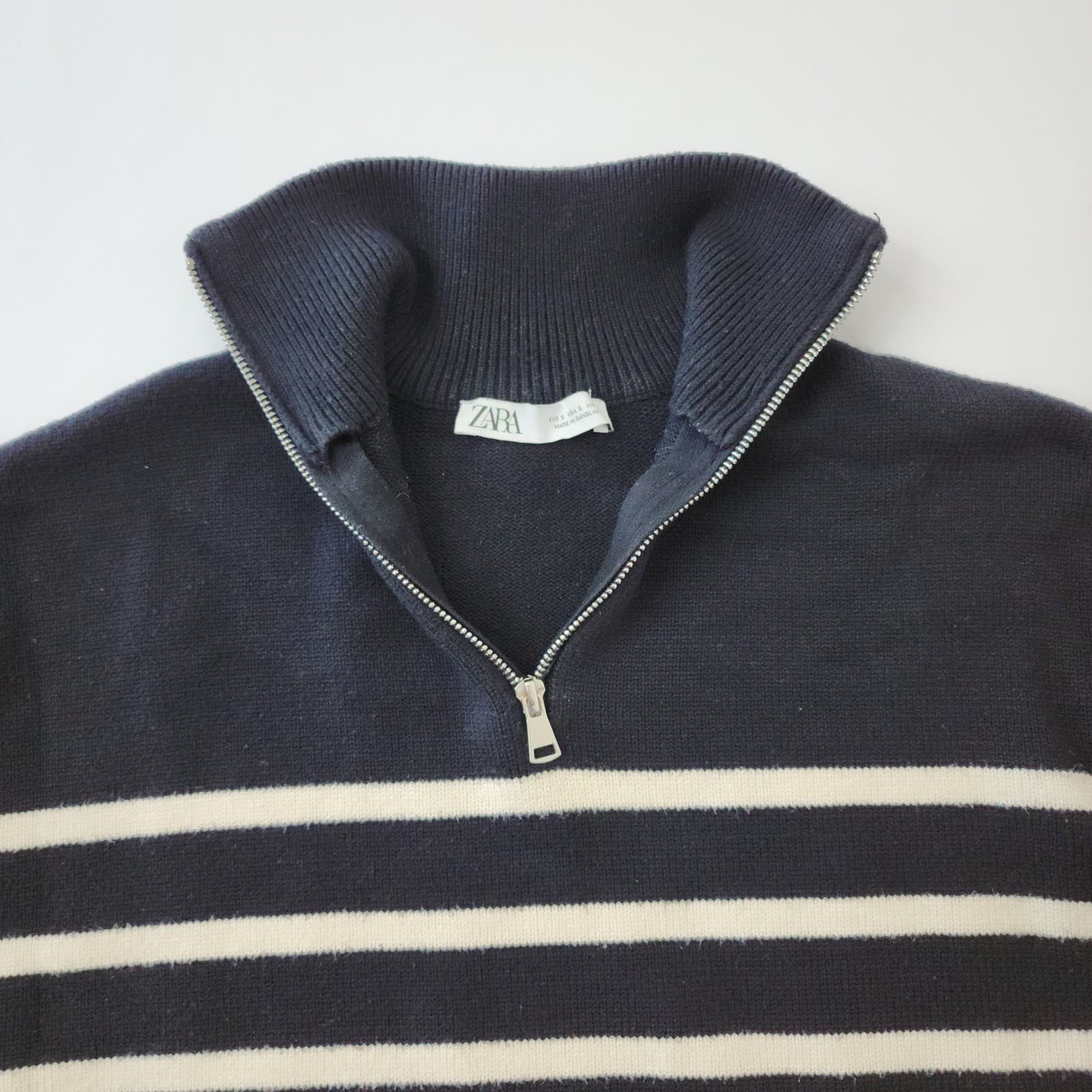 Zara Womens Navy Blue White Striped Quarter Zip Knit Sweater Small Nautical - Thumbnail 8