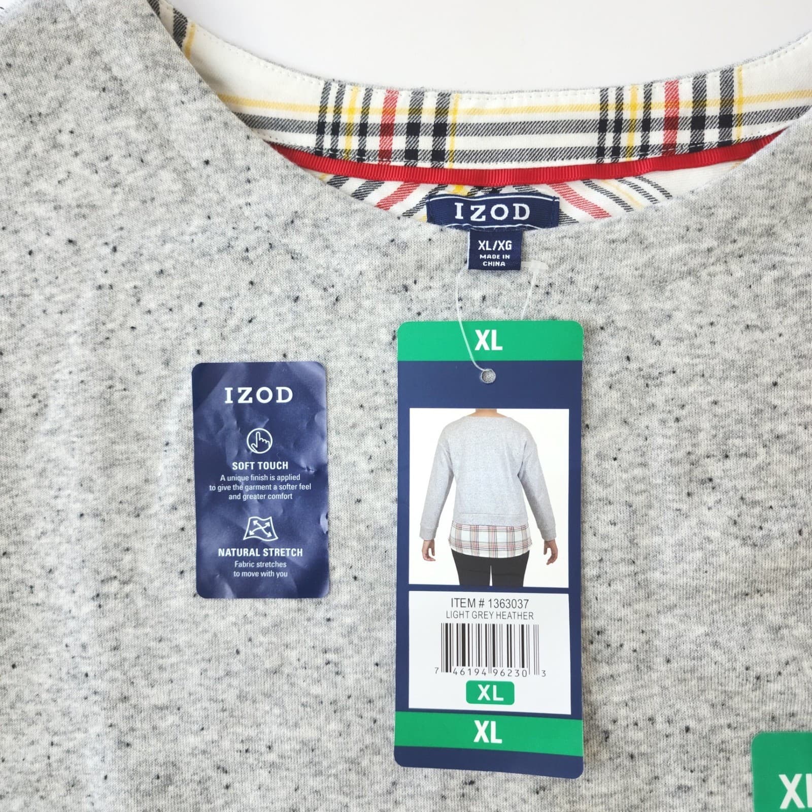 IZOD Womens Tie-Front 2-Fer Sweatshirt Plaid Hem Light Grey Heather XL NWT - Thumbnail 6