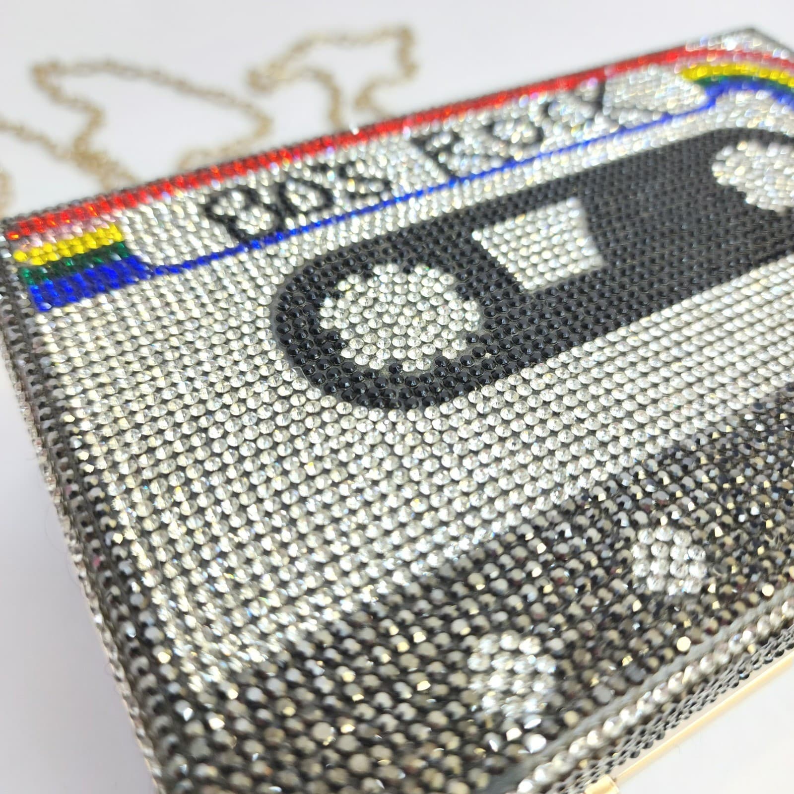 80s Rock Cassette Tape Rhinestone Box Clutch Bag Crystal Minaudiere Retro - Thumbnail 2