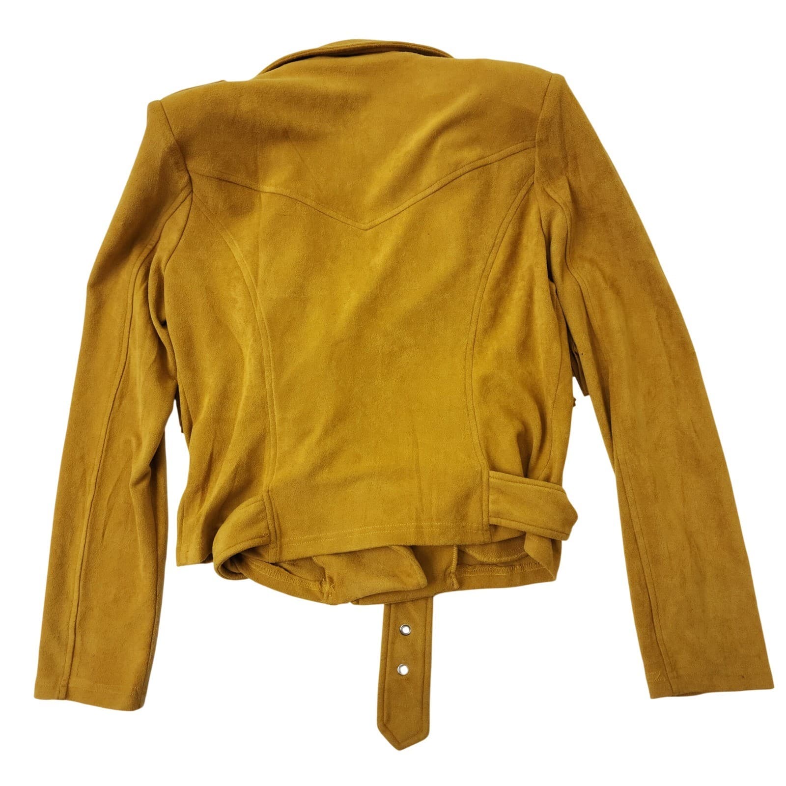 Main Strip Womens Mustard Yellow Faux Suede Fringe Moto Jacket Size M Belted - Thumbnail 2