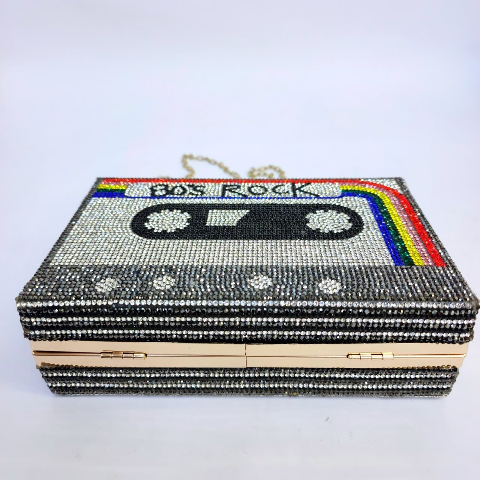 80s Rock Cassette Tape Rhinestone Box Clutch Bag Crystal Minaudiere Retro - Thumbnail 6
