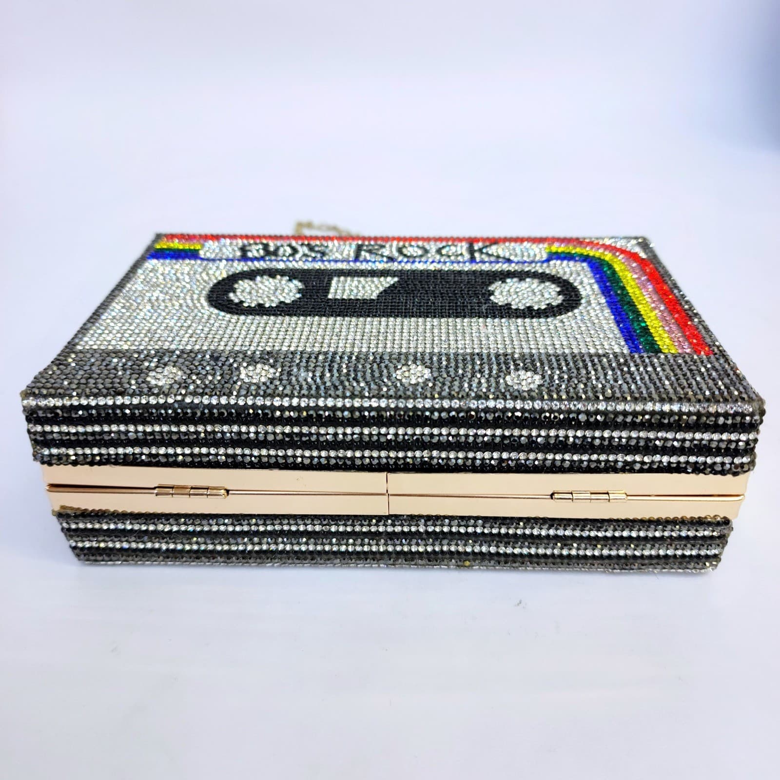 80s Rock Cassette Tape Rhinestone Box Clutch Bag Crystal Minaudiere Retro - Thumbnail 5