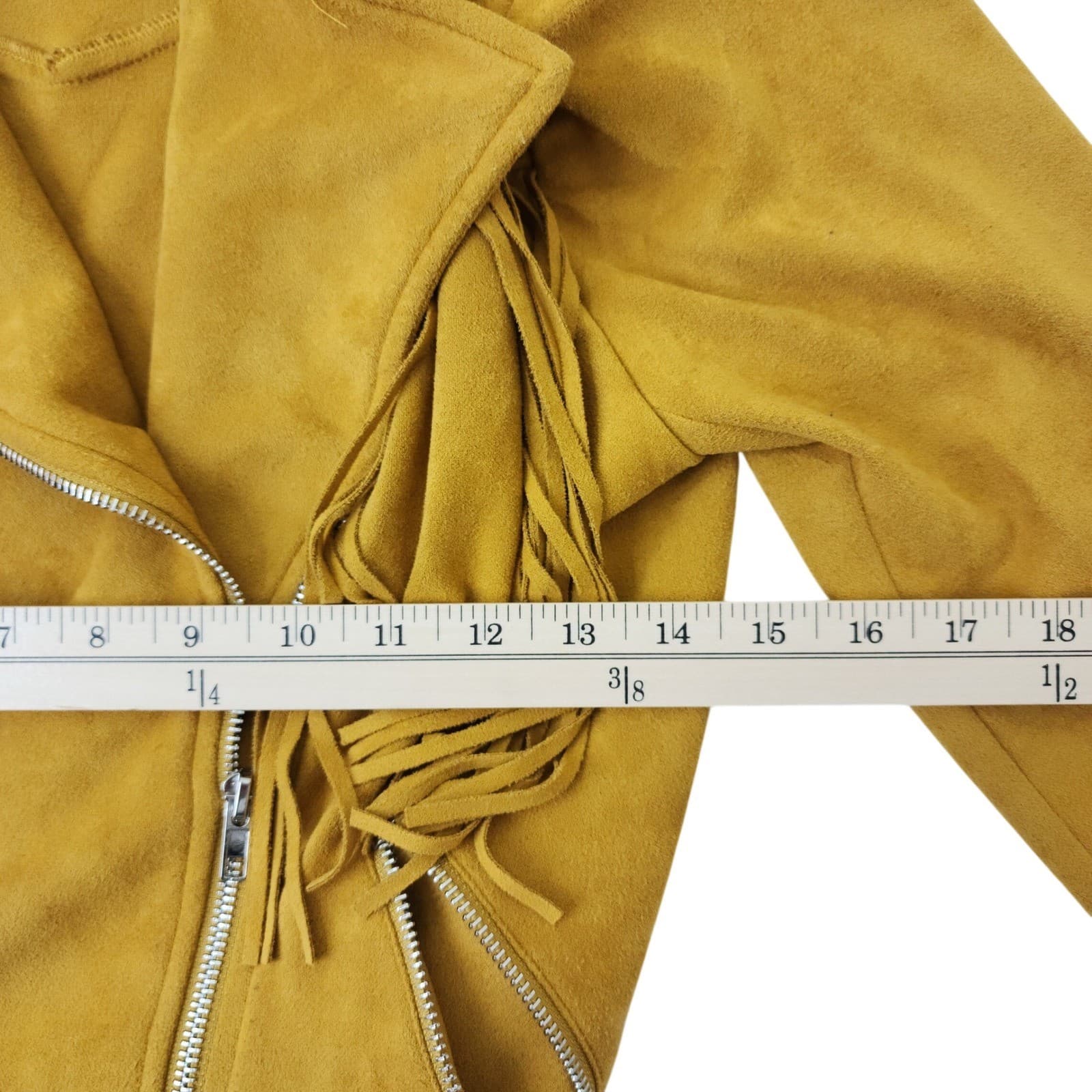 Main Strip Womens Mustard Yellow Faux Suede Fringe Moto Jacket Size M Belted - Thumbnail 5