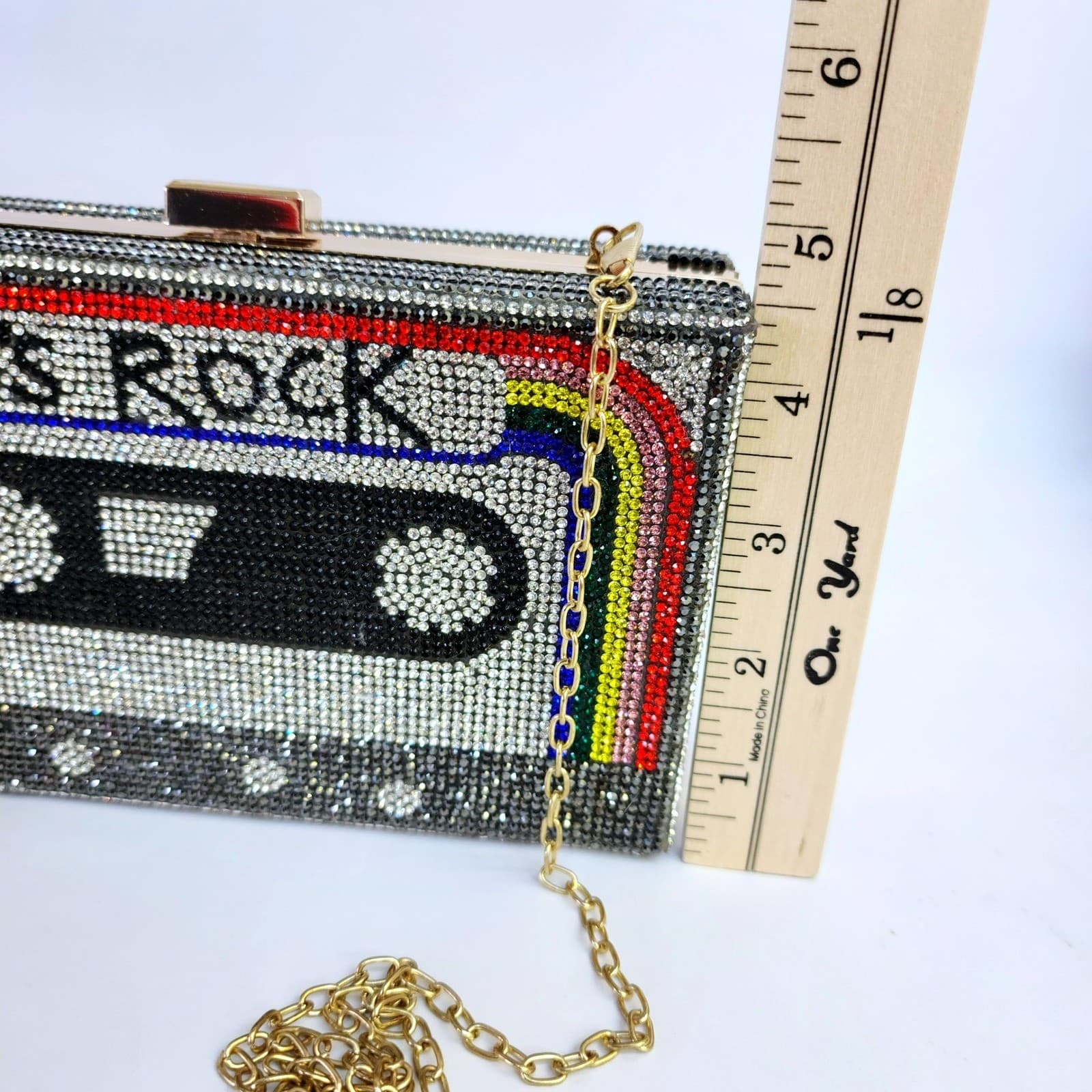 80s Rock Cassette Tape Rhinestone Box Clutch Bag Crystal Minaudiere Retro - Thumbnail 9